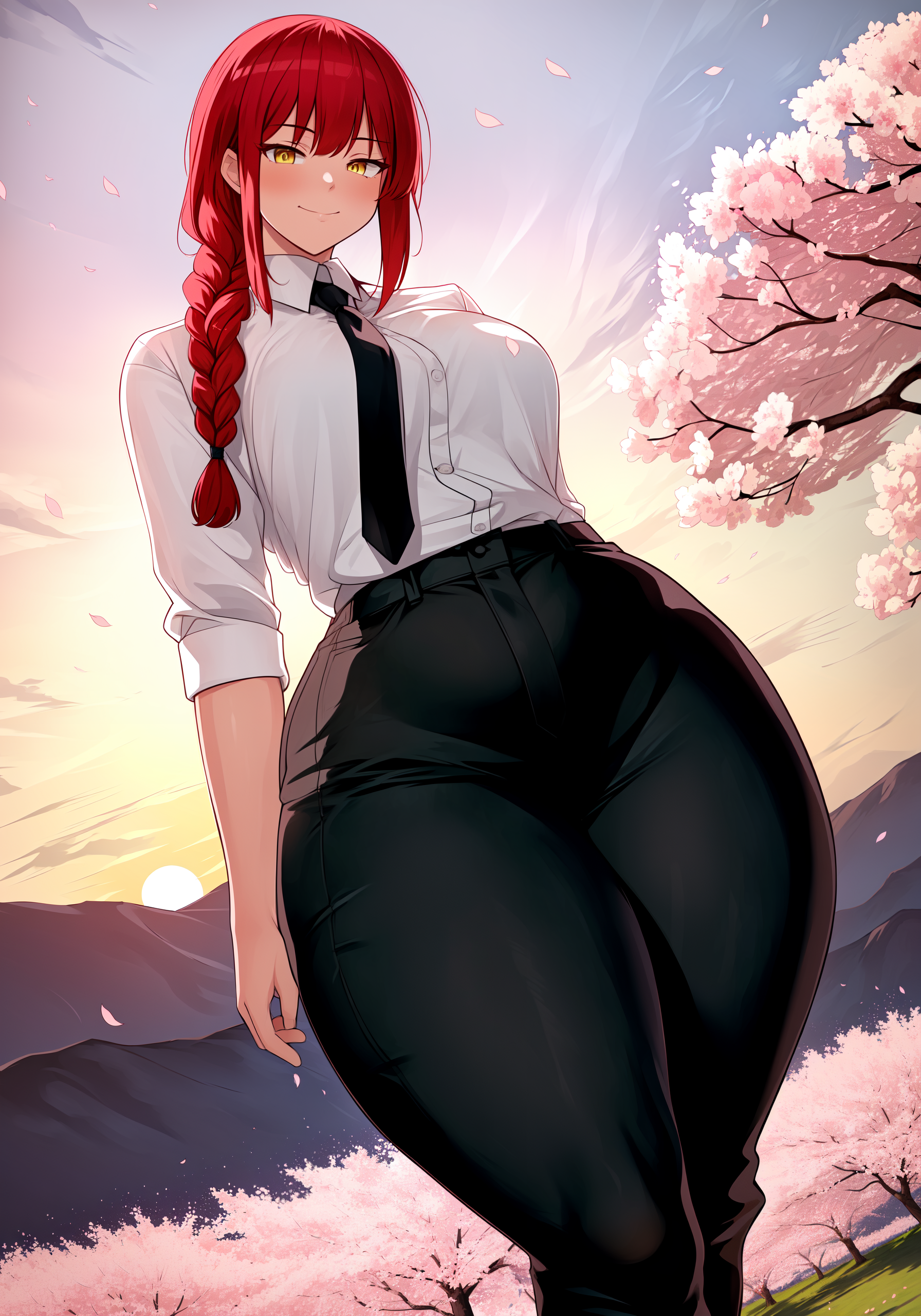 Anime 1792x2560 AI art Stable Diffusion anime girls Chainsaw Man portrait display thighs braids petals Sun looking at viewer smiling blushing clouds mountains redhead yellow eyes Makima (Chainsaw Man)