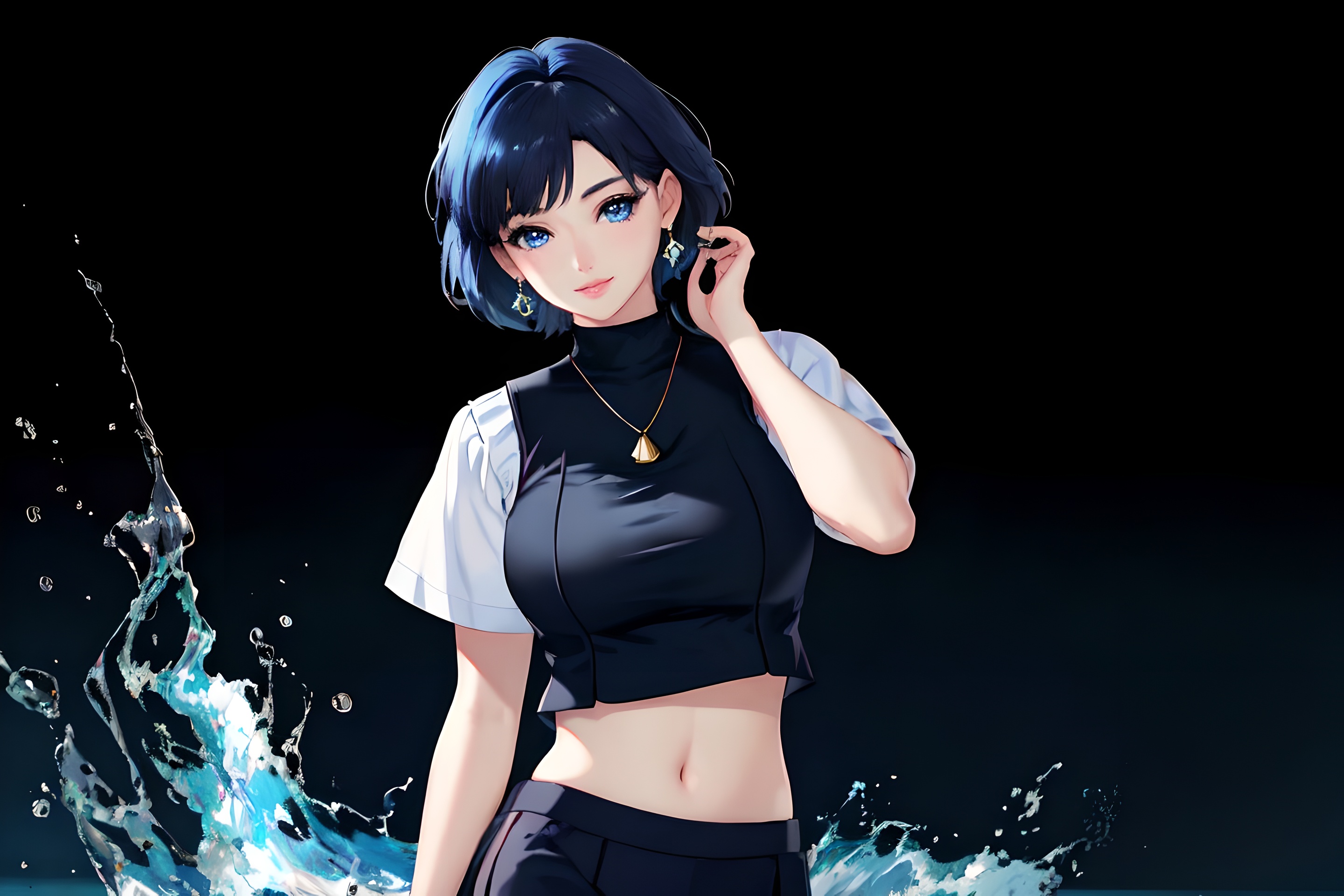 Anime 2880x1920 AI art anime girls brunette character design  blue eyes looking at viewer earring necklace water short hair