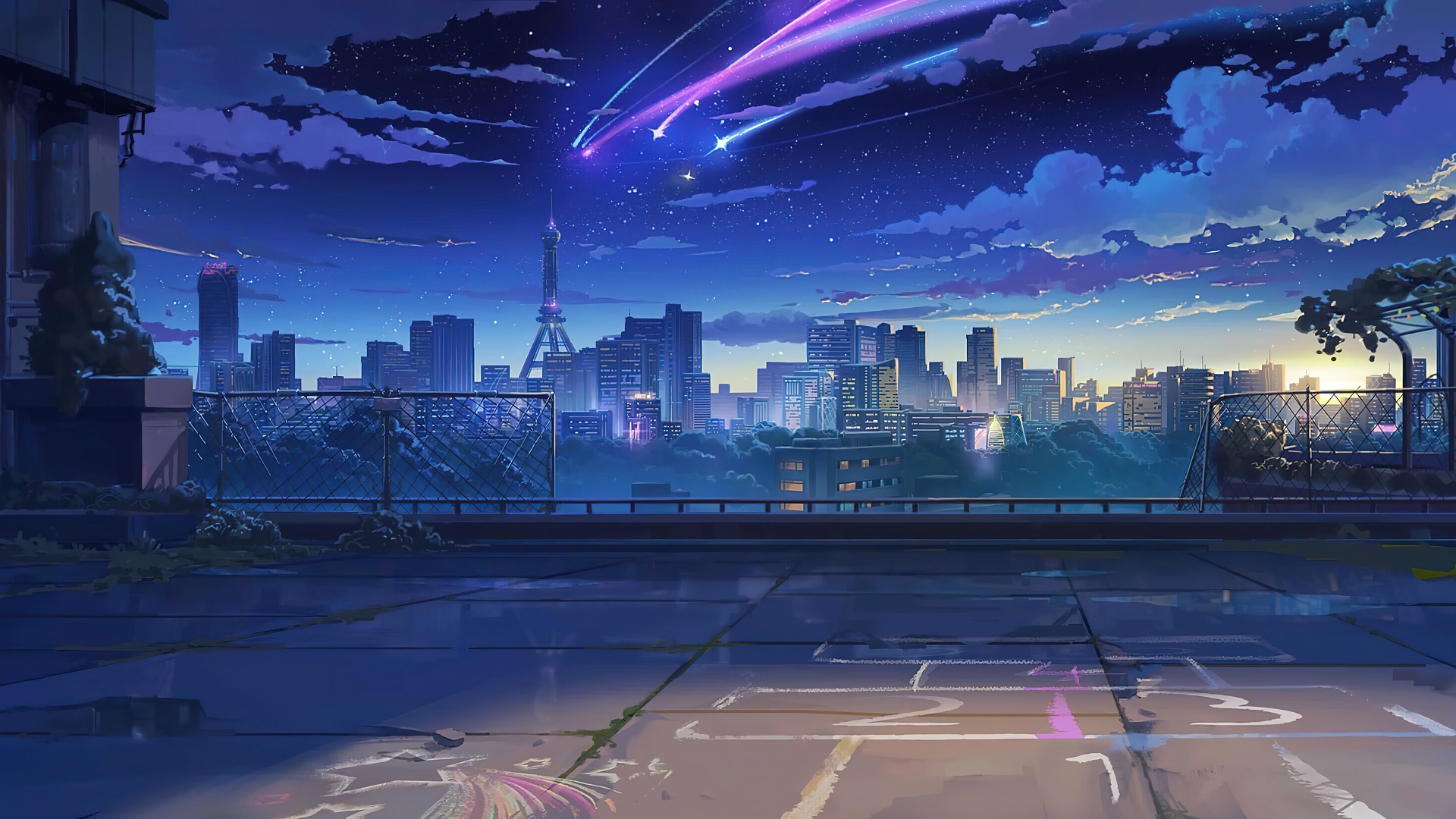 Anime 1920x1080 artwork digital art night stars city building shooting stars clouds comet anime city anime