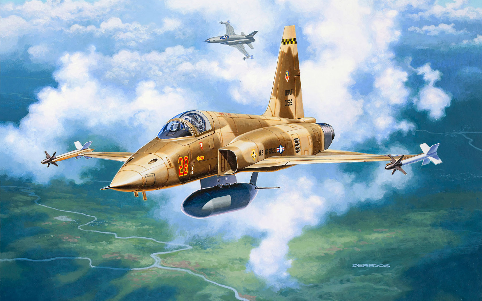 General 1680x1050 military science aircraft sky clouds flying artwork military aircraft Northrop F-5 Tiger II US Air Force jet fighter Vietnam War camouflage Boxart Andrzej Deredos