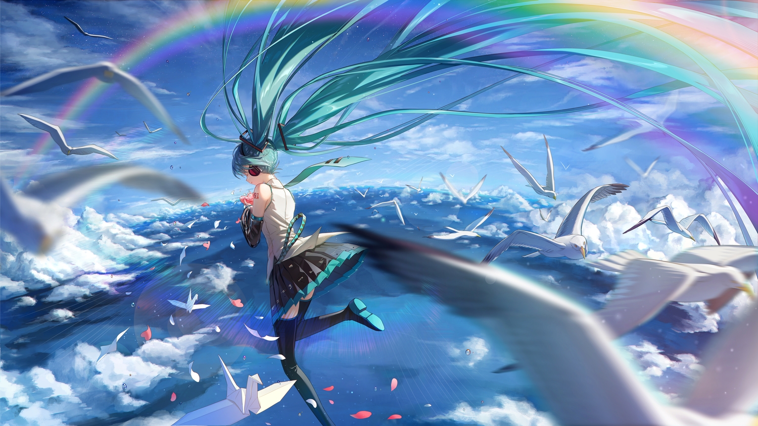 Anime 1500x844 anime anime girls Vocaloid birds sky Hatsune Miku origami petals rainbows twintails long hair clouds animals closed eyes colorful