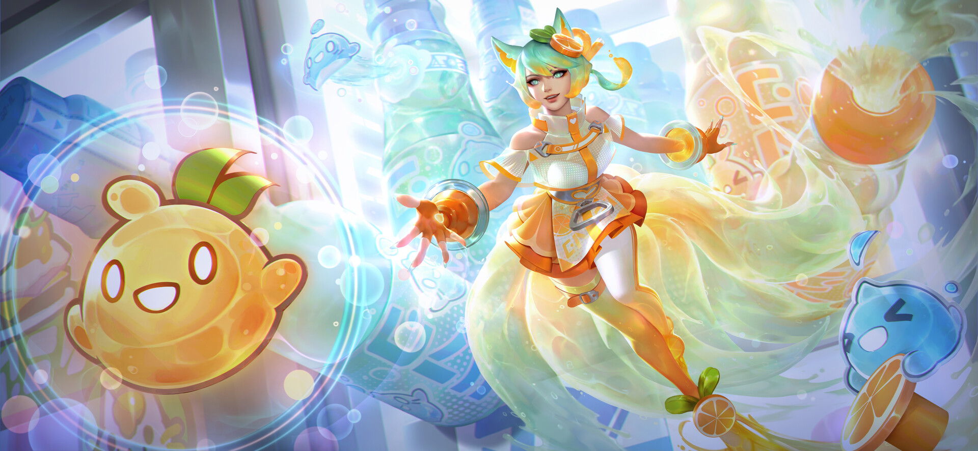 General 1920x886 Tina Wei drawing women Ahri (League of Legends) orange clothing colorful League of Legends fox girl fox ears fox tail video game characters video game girls video game art video games gradient hair two tone hair fruit orange (fruit) gloves