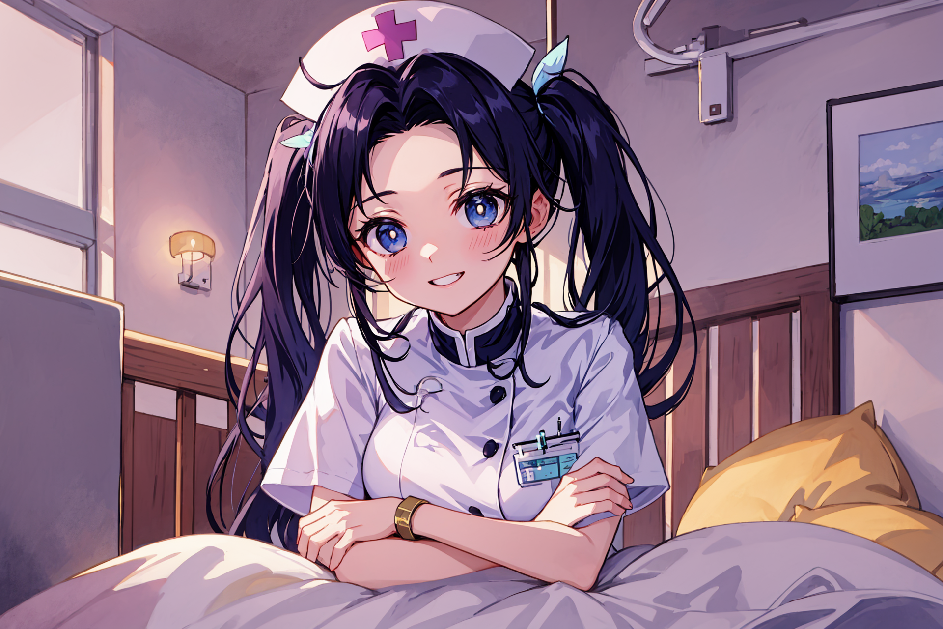 Anime 1920x1280 anime anime girls Kimetsu no Yaiba AI art twintails blushing blue hair nurses nurse outfit arms crossed Kanzaki aoi smiling looking at viewer long hair