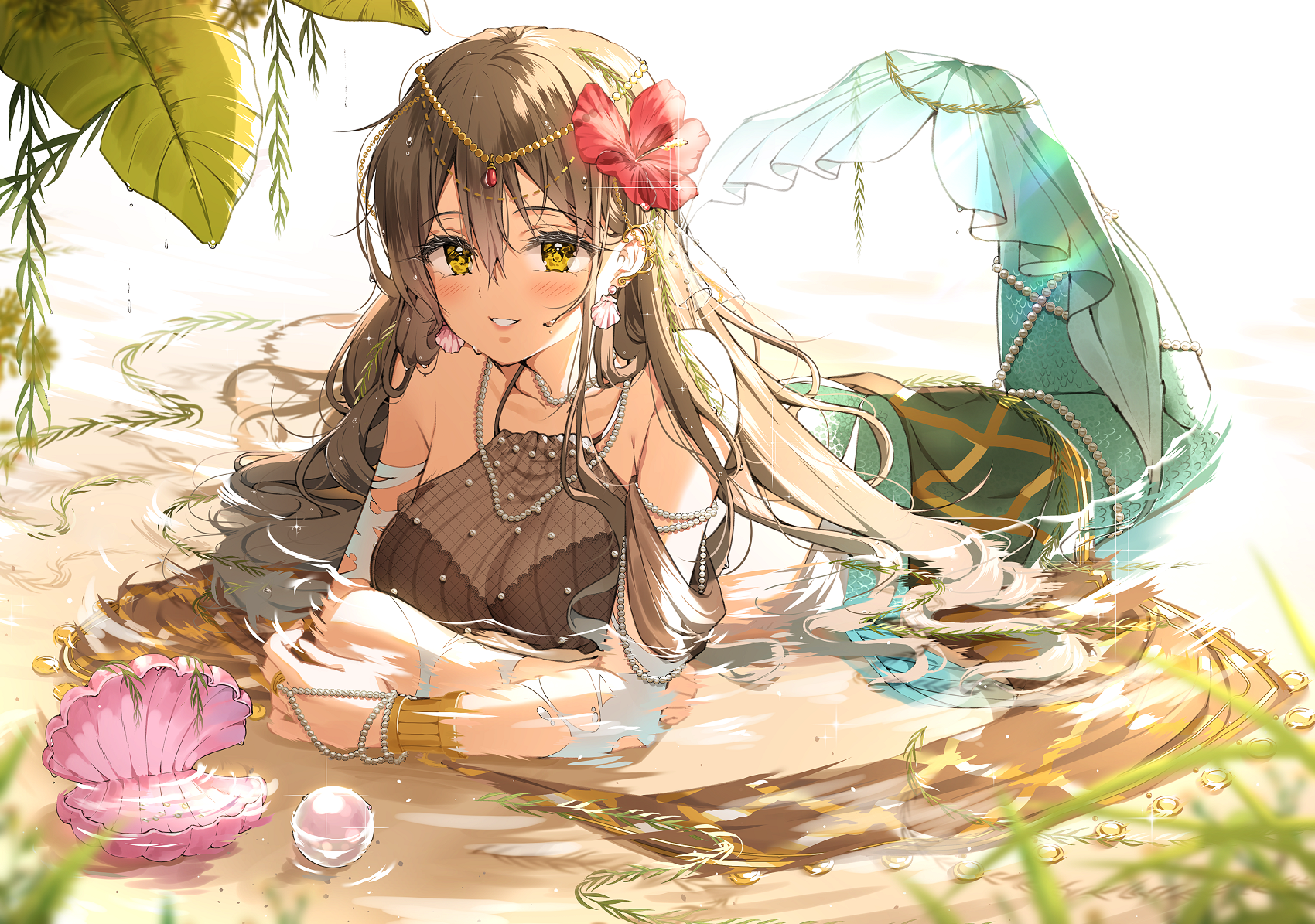Anime 1700x1195 anime anime girls water looking at viewer mermaids smiling blushing long hair lying on front cleavage big boobs pearl necklace leaves bracelets earring hibiscus flower in hair brunette sparkles pearls