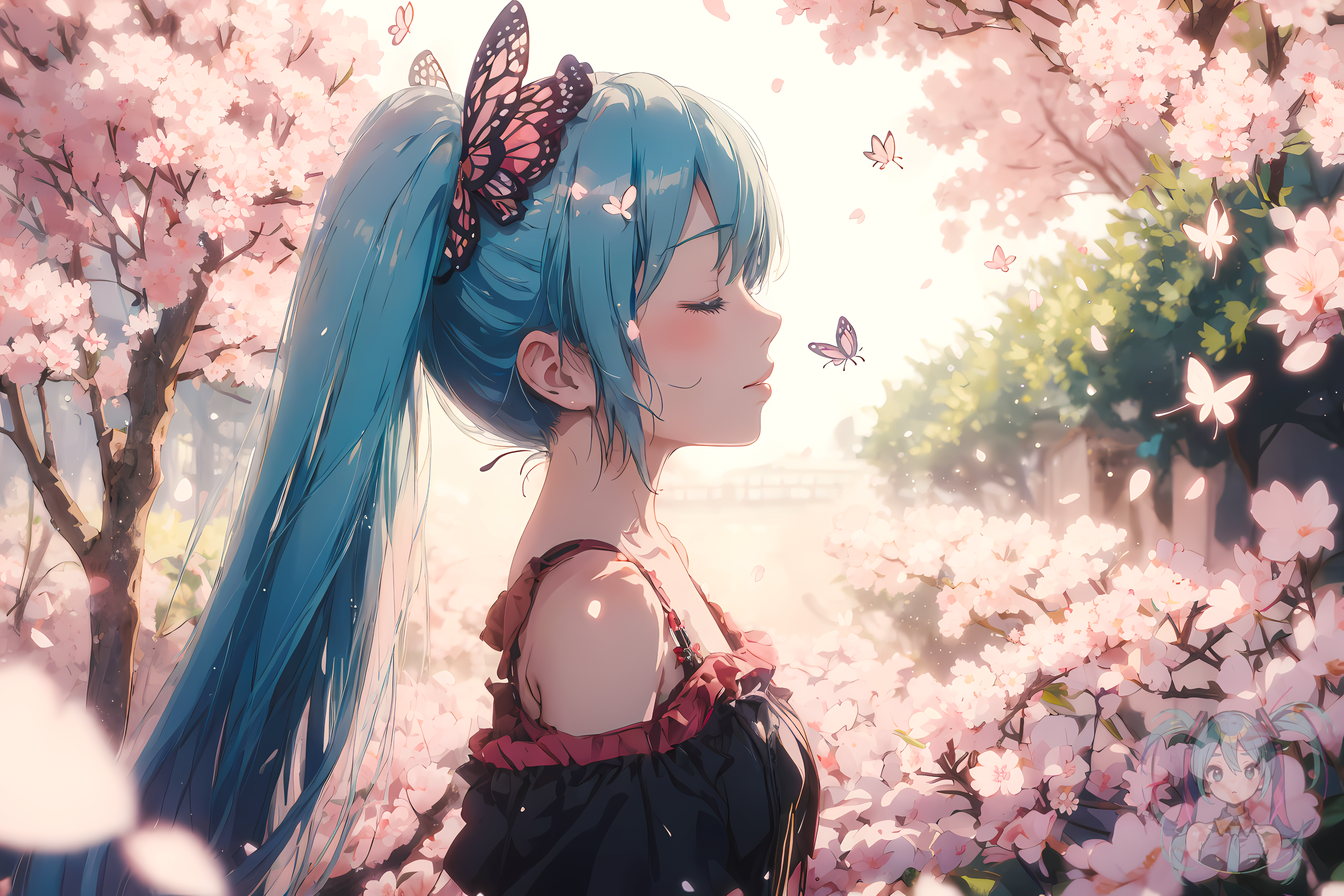 Anime 4096x2731 anime anime girls Vocaloid Hatsune Miku blue hair butterfly AI art profile flowers cherry blossom closed eyes long hair blushing hair ornament petals trees