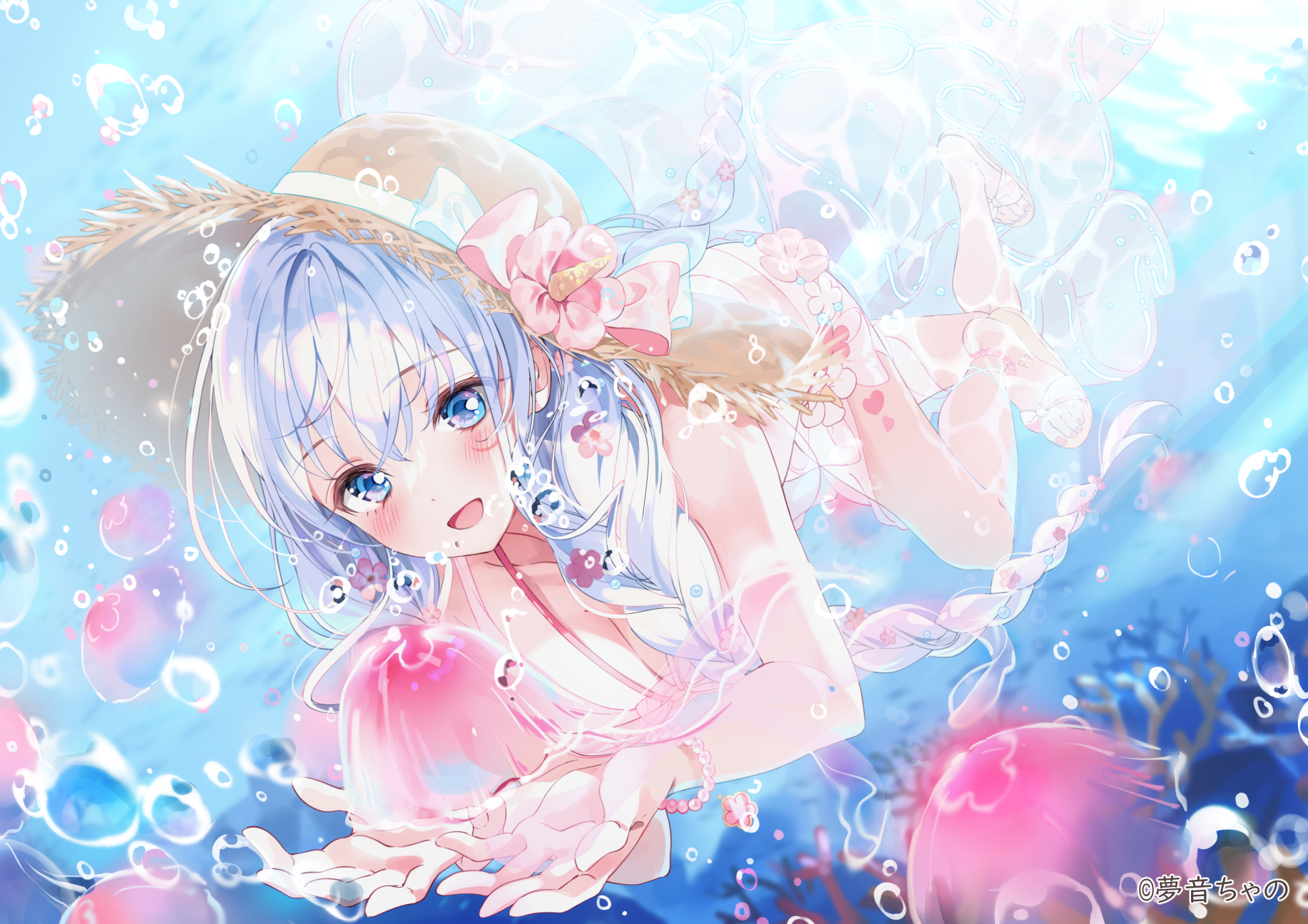 Anime 1834x1296 anime anime girls braids blushing water bubbles sunlight underwater jellyfish straw hat long hair animals bow tie