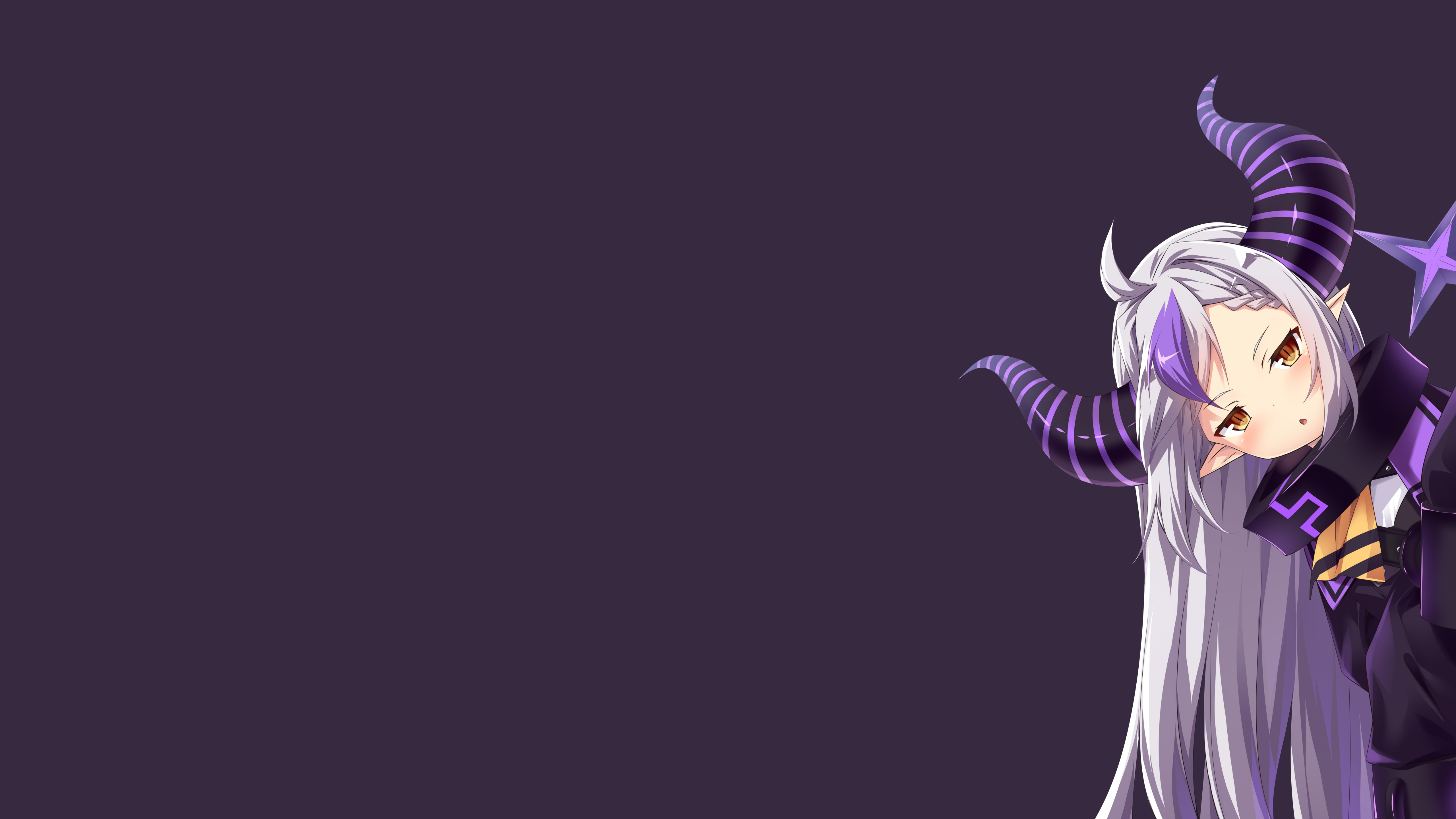 Anime 5120x2880 Laplus Darknesss Hololive Virtual Youtuber purple background white hair horns anime girls minimalism simple background blushing pointy ears long hair looking at viewer two tone hair