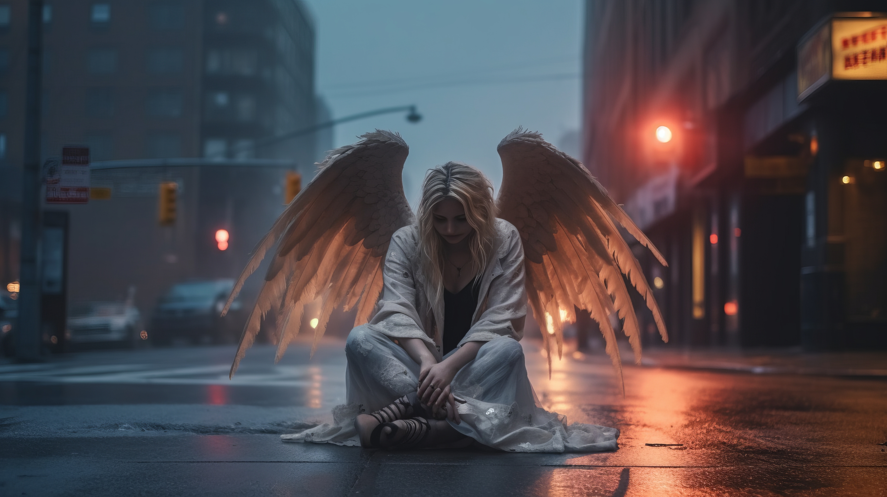 General 2912x1632 AI art women angel street sitting wings city building traffic lights dark angel