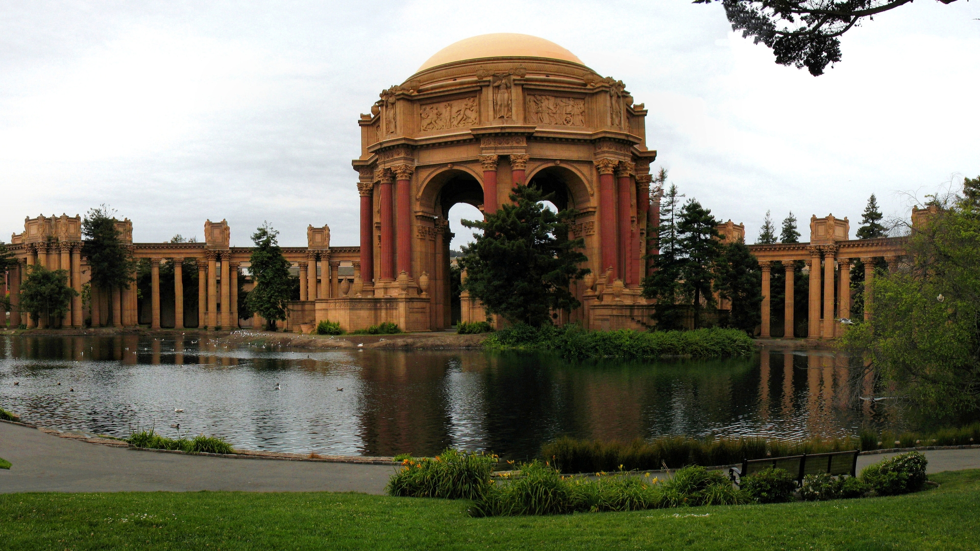 General 1920x1080 architecture San Francisco California USA Palace of Fine Arts water lake trees grass sky clouds building