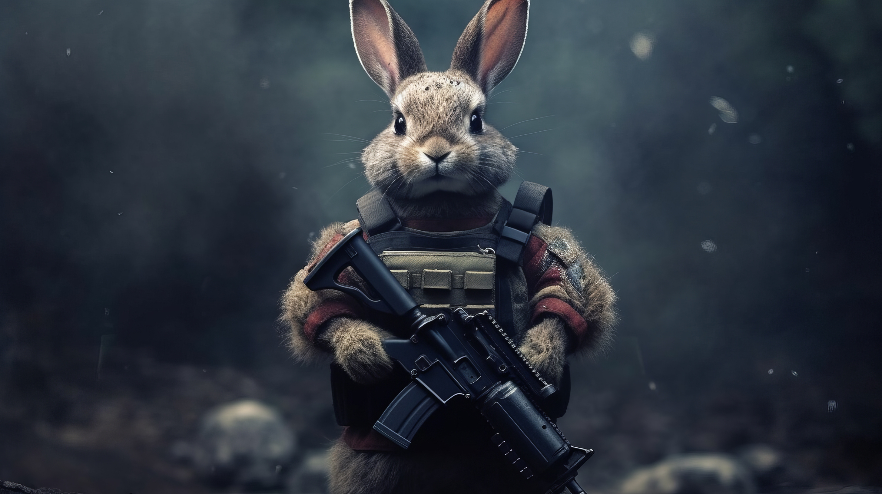 General 2912x1632 AI art rabbits tactical soldier vest gun simple background minimalism animals looking at viewer uniform