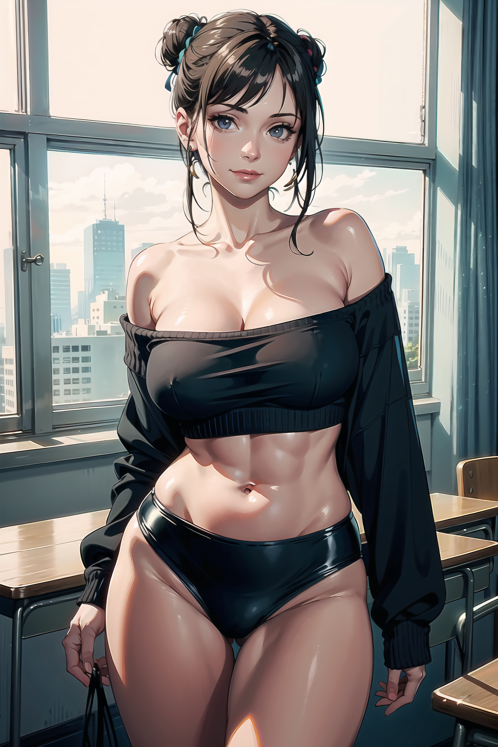 General 2048x3072 boobs AI art thighs portrait display window desk looking at viewer hairbun city smiling women belly button belly abs cleavage