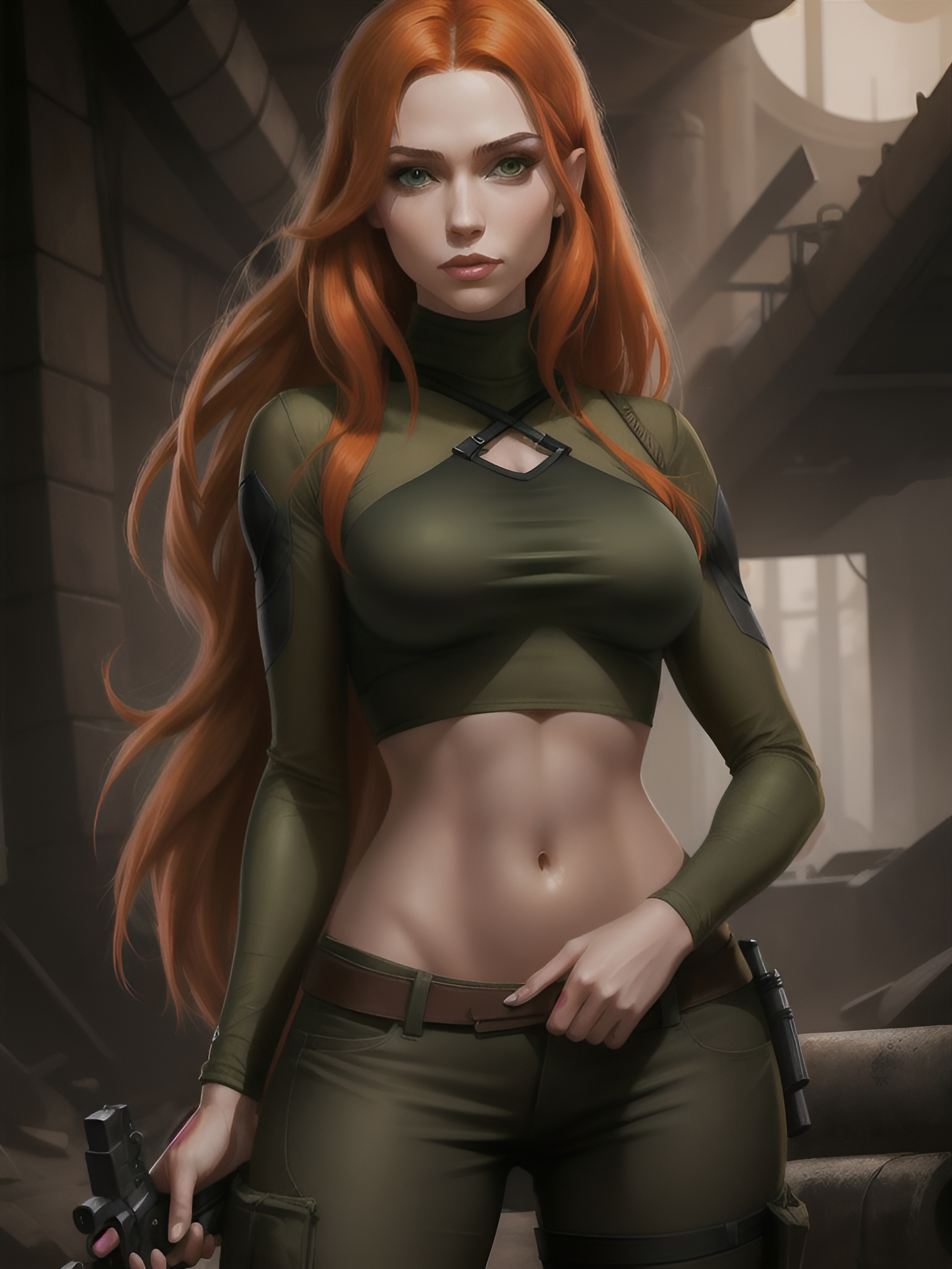 General 1536x2048 AI art Kim Possible redhead green eyes portrait display long hair looking at viewer belly belly button women