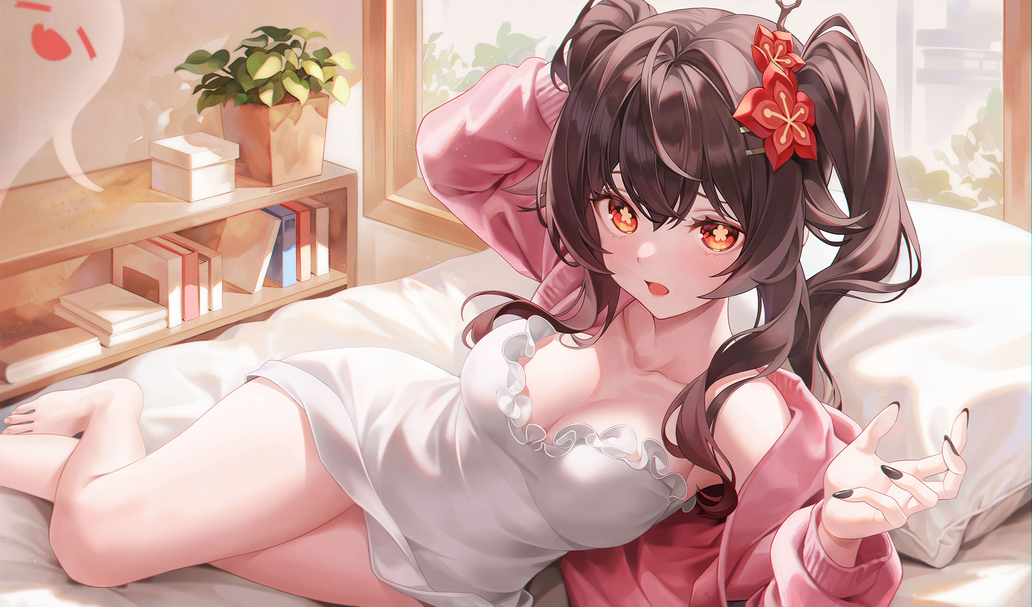 Anime 2048x1204 anime anime girls Hu Tao (Genshin Impact) Genshin Impact ghost pillow long hair bed looking at viewer cleavage big boobs plants leaves twintails