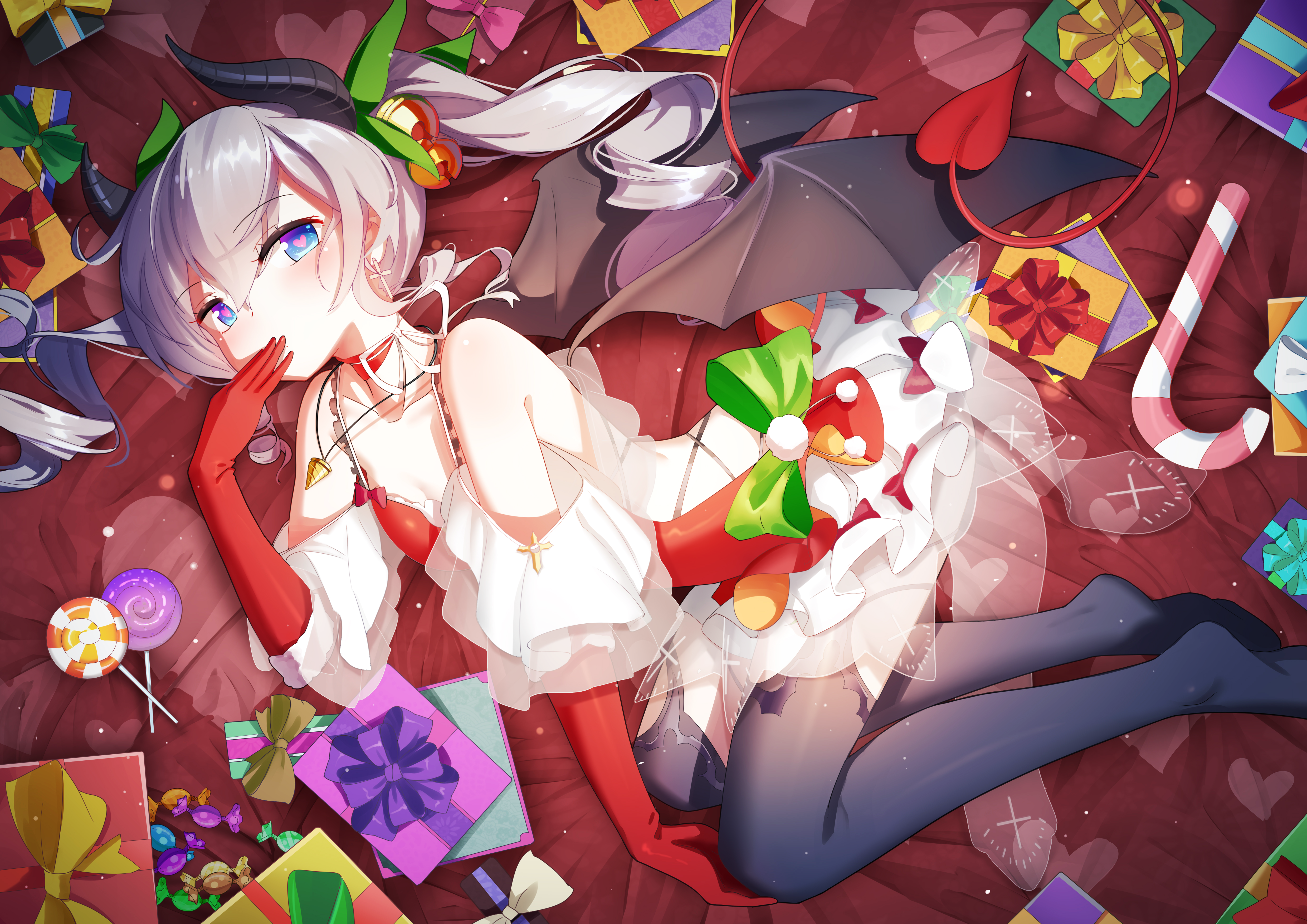 Anime 4960x3507 anime anime girls lying on side heart eyes stockings lollipop presents horns twintails looking at viewer elbow gloves necklace wings candy cane bow tie demon girls demon tail candy Christmas clothes Christmas presents Christmas