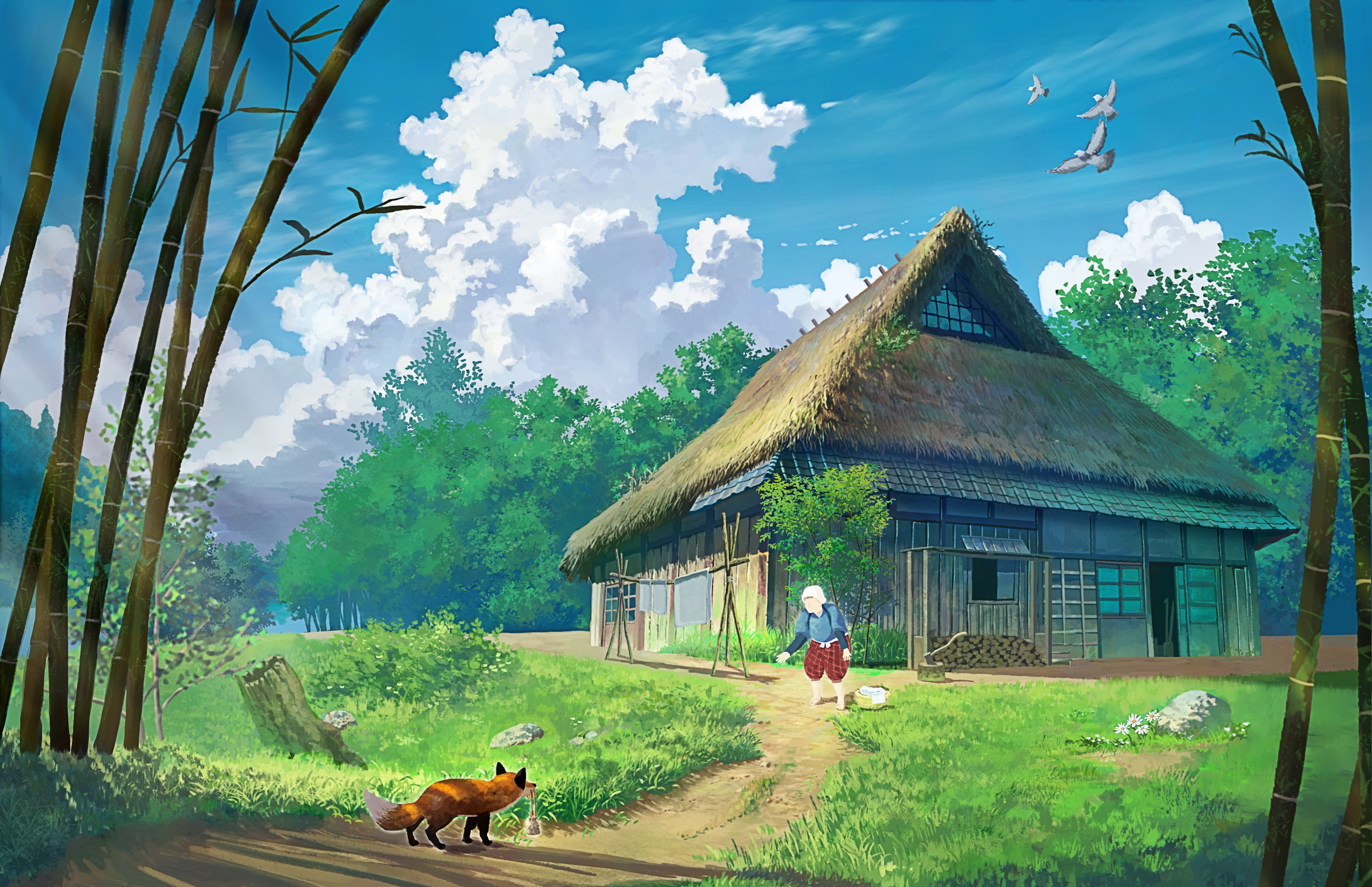Anime 2798x1810 rural fox bamboo Japan house grass clouds sky trees flowers path leaves