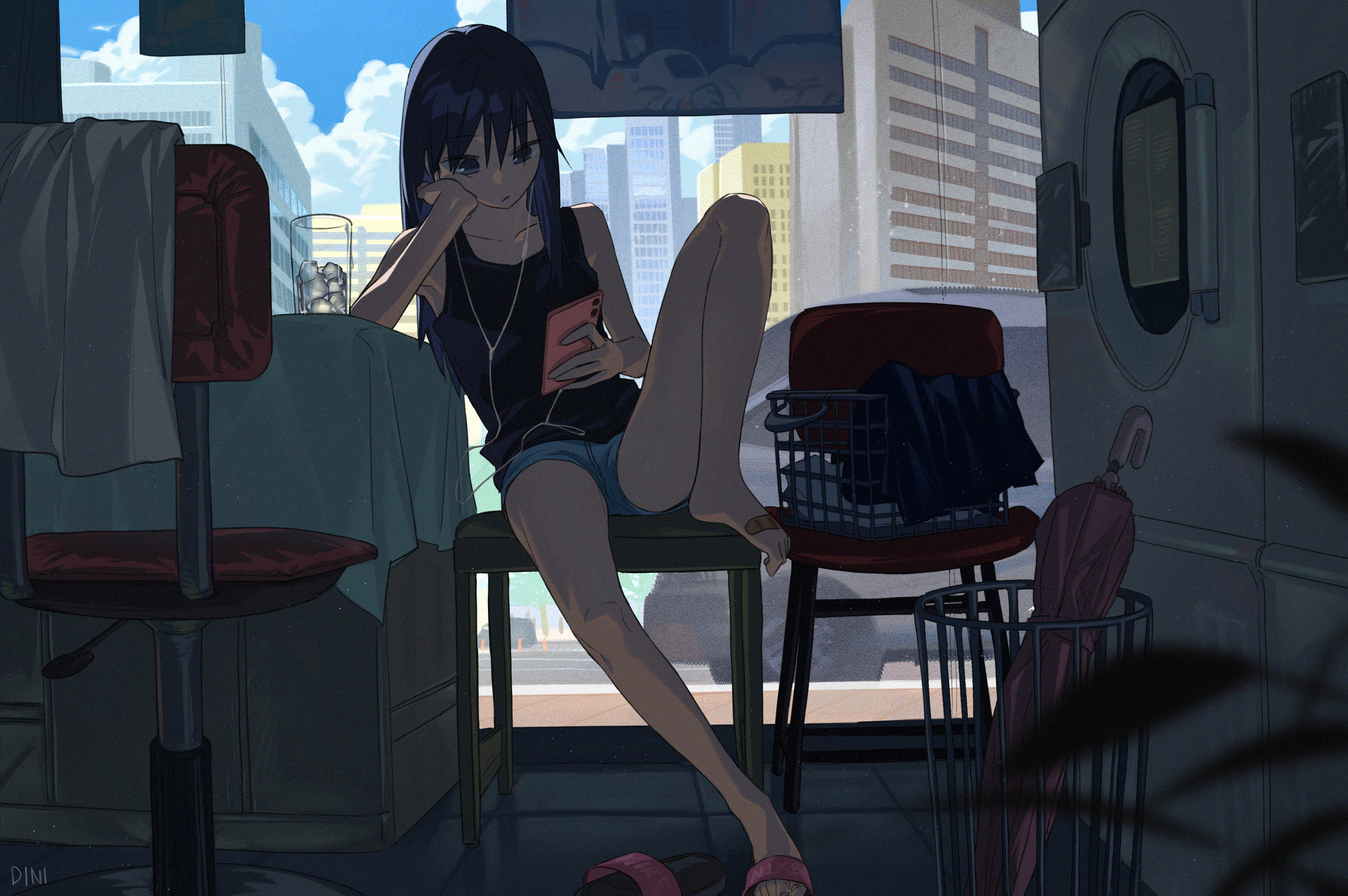 Anime 3000x1994 anime girls washing machine headphones short shorts phone building long hair band-aid sitting chair interior leaves hand on face clouds umbrella ice cubes