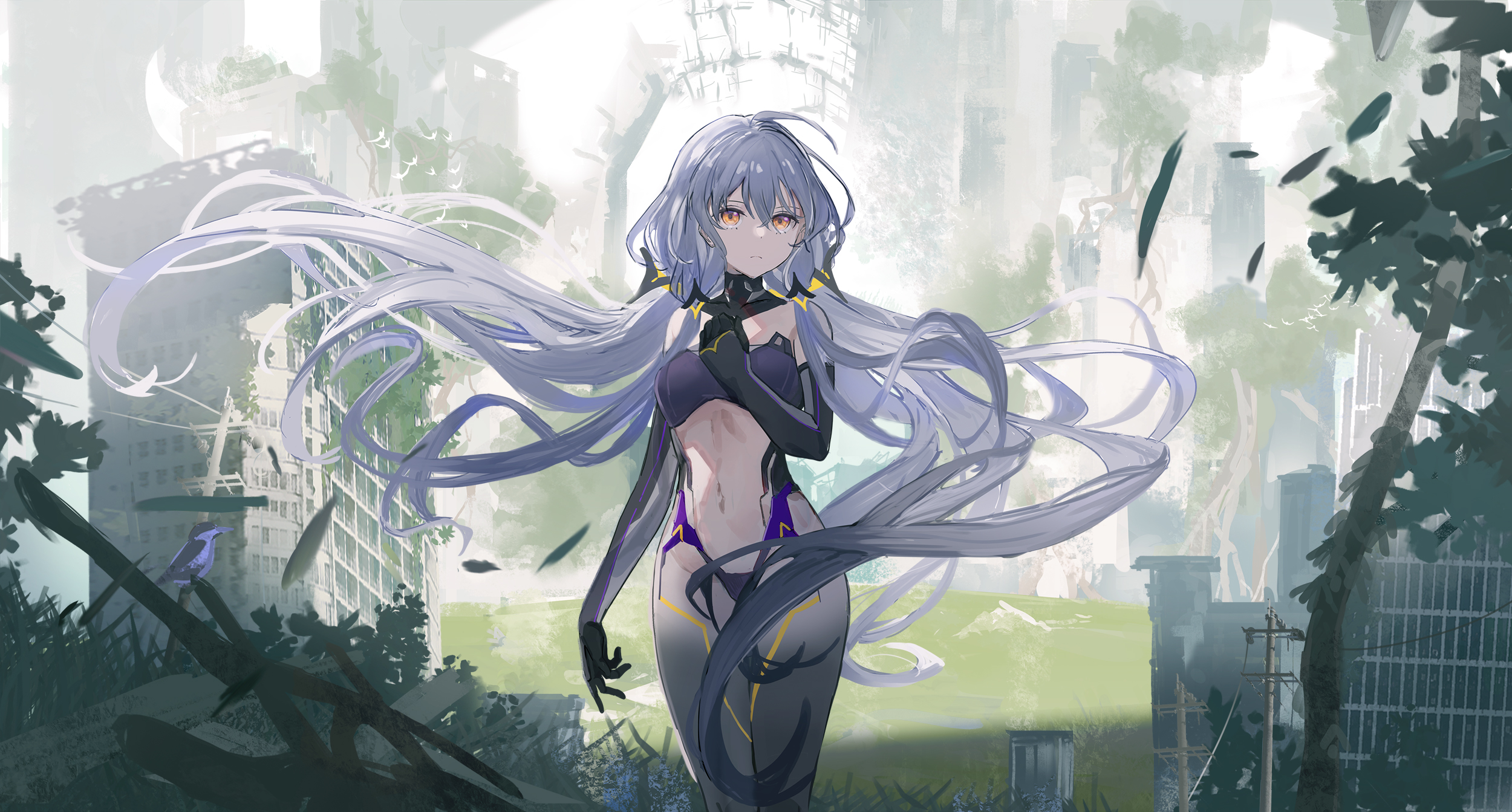Anime 2500x1343 Stardust (Vocaloid) Stardust(Synthesizer V) anime girls long hair nature birds leaves building belly belly button thighs looking away
