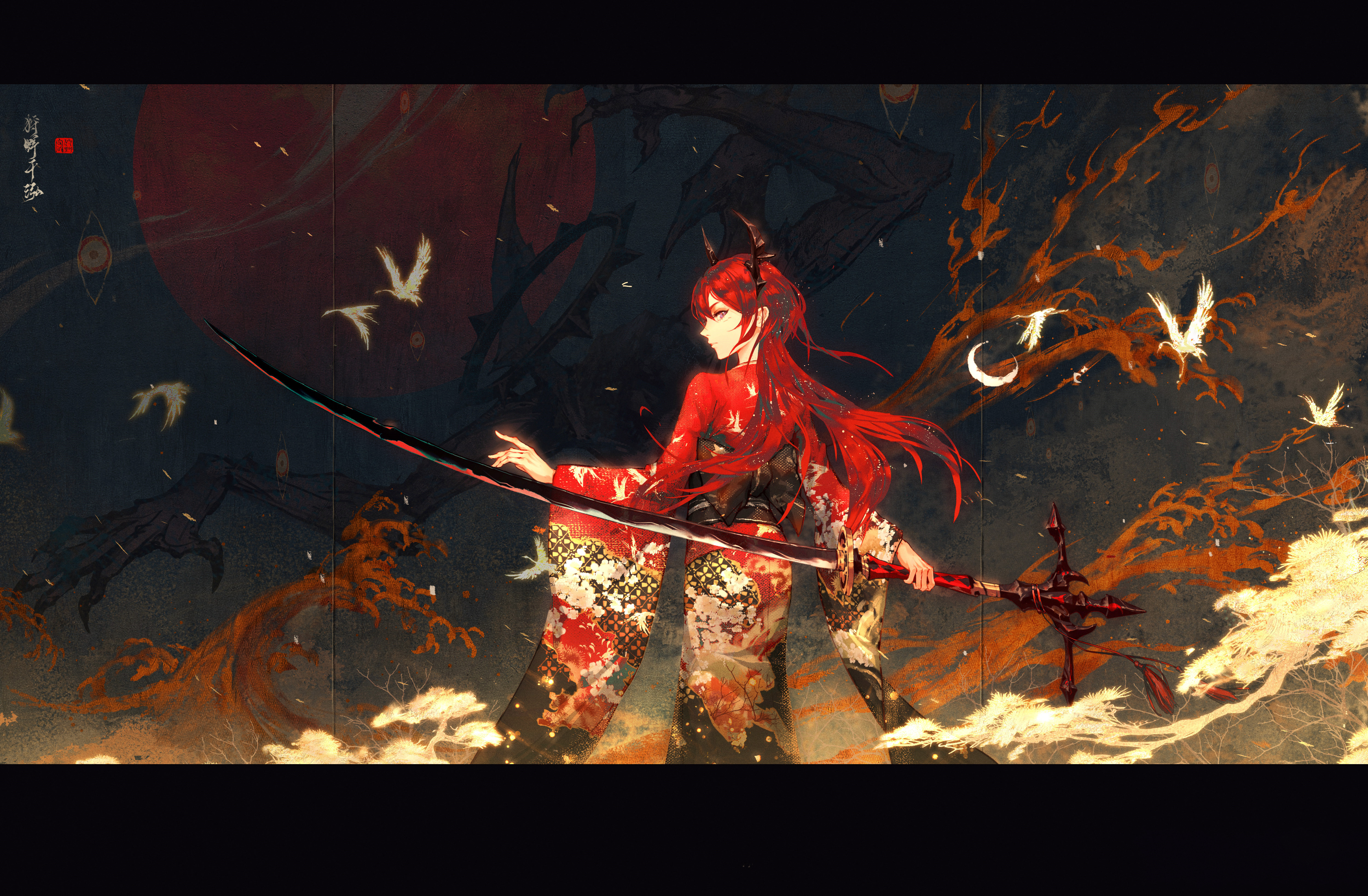 Anime 5000x3275 Arknights anime girls redhead horns sword weapon katana birds feathers