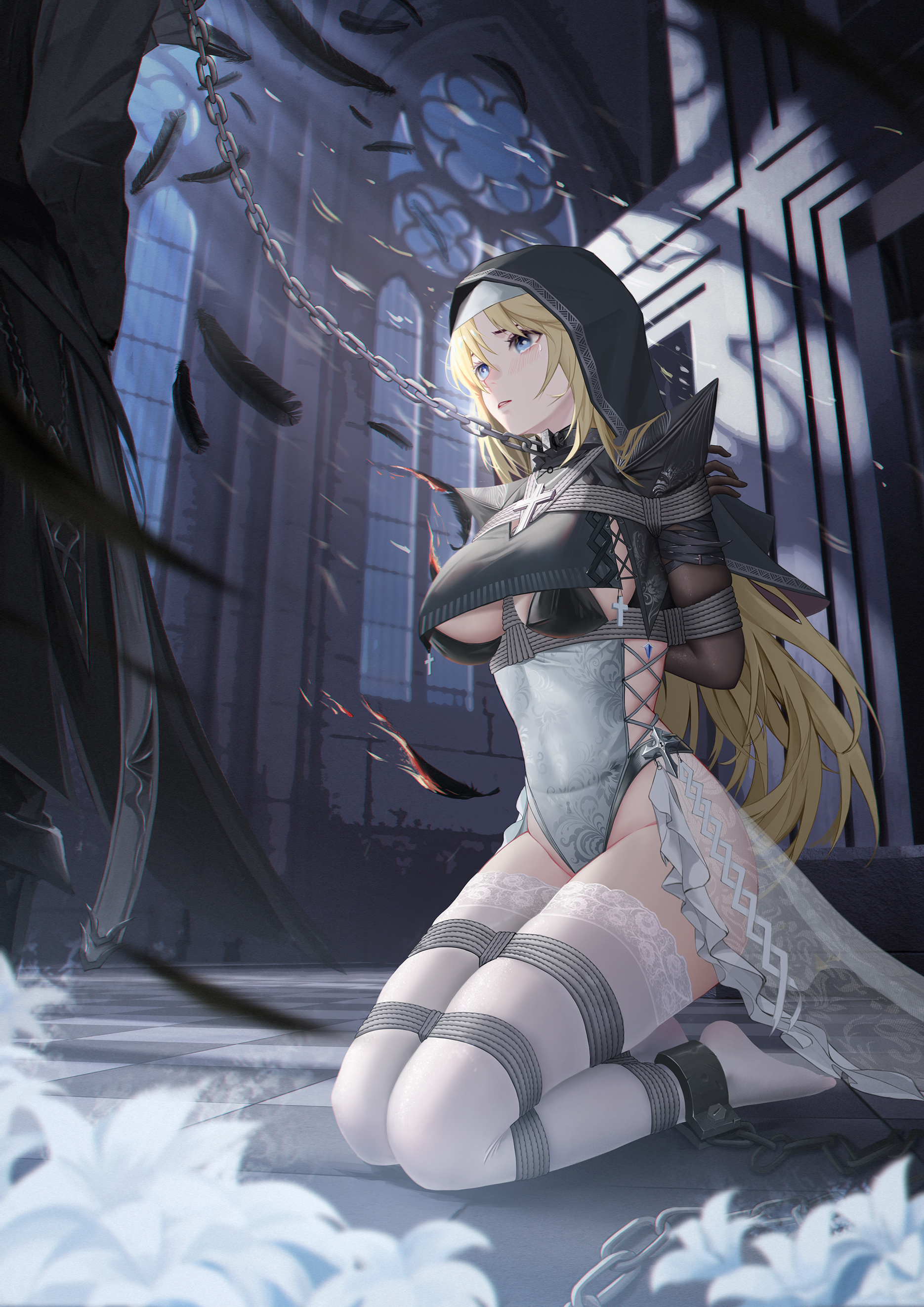 Anime 1870x2644 anime anime girls chains squatting BDSM stockings blonde blue eyes tears feathers nun outfit