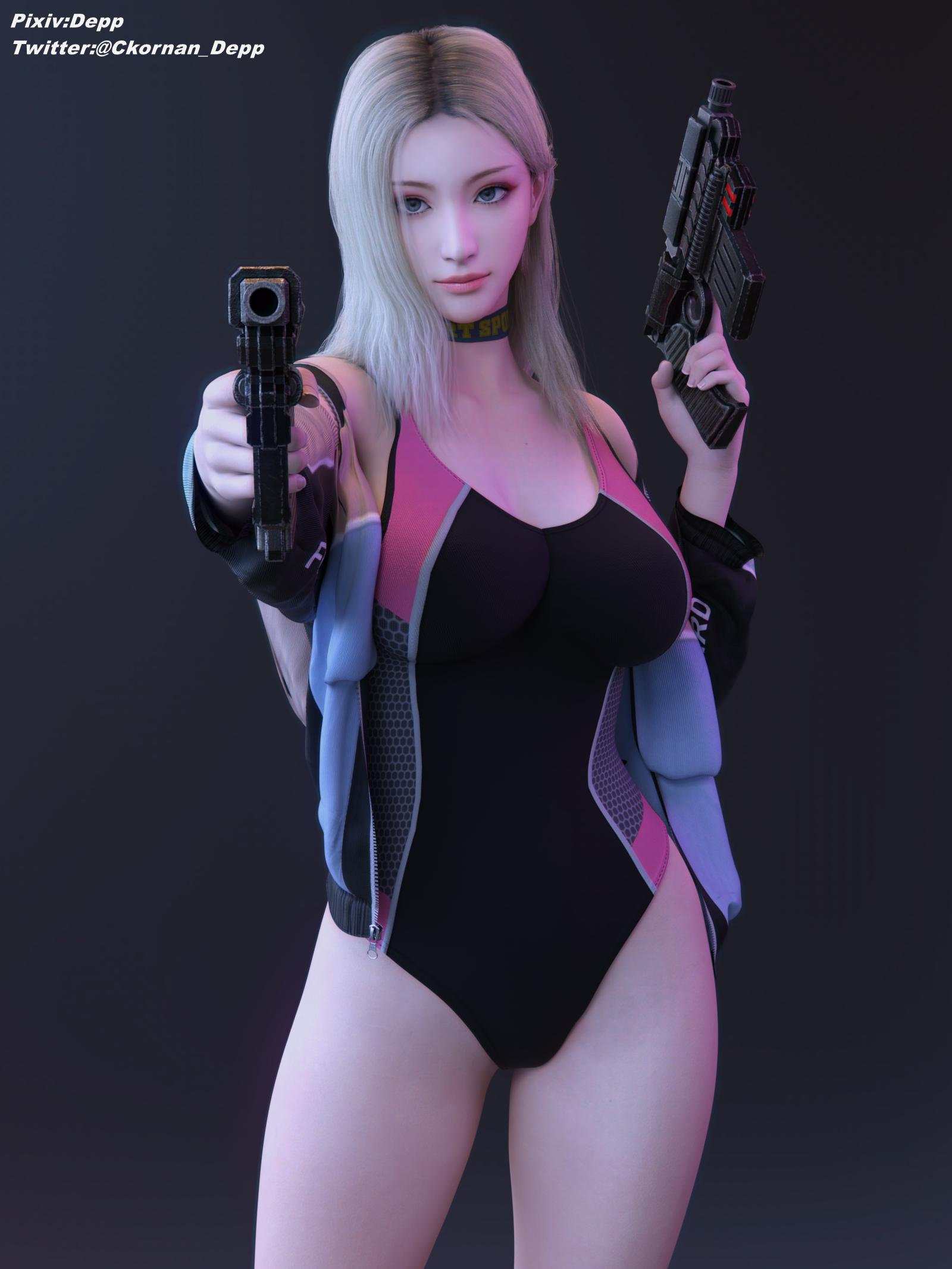 General 1600x2133 CGI 3dx gun girls with guns swimwear one-piece swimsuit choker simple background Depp women