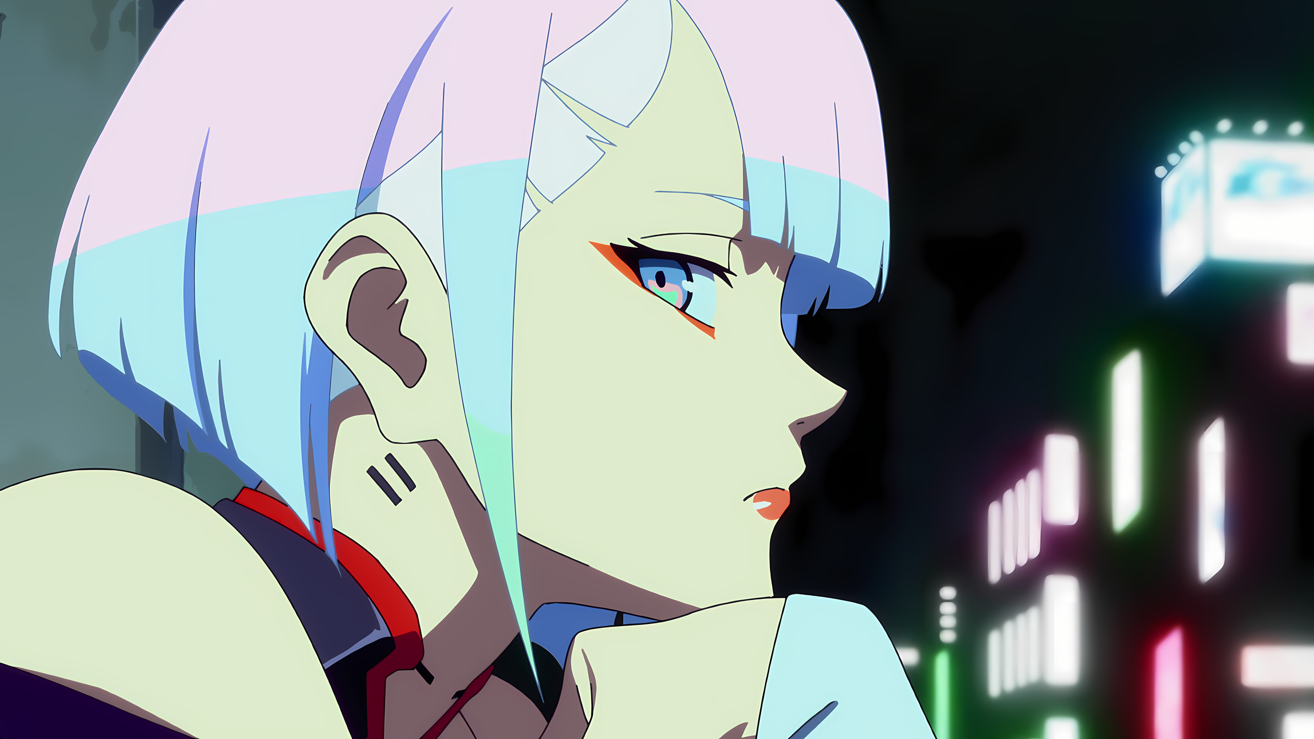 Anime 2560x1440 anime anime girls Lucyna Kushinada (Cyberpunk: Edgerunners) Cyberpunk: Edgerunners anime screenshot two tone hair city lights