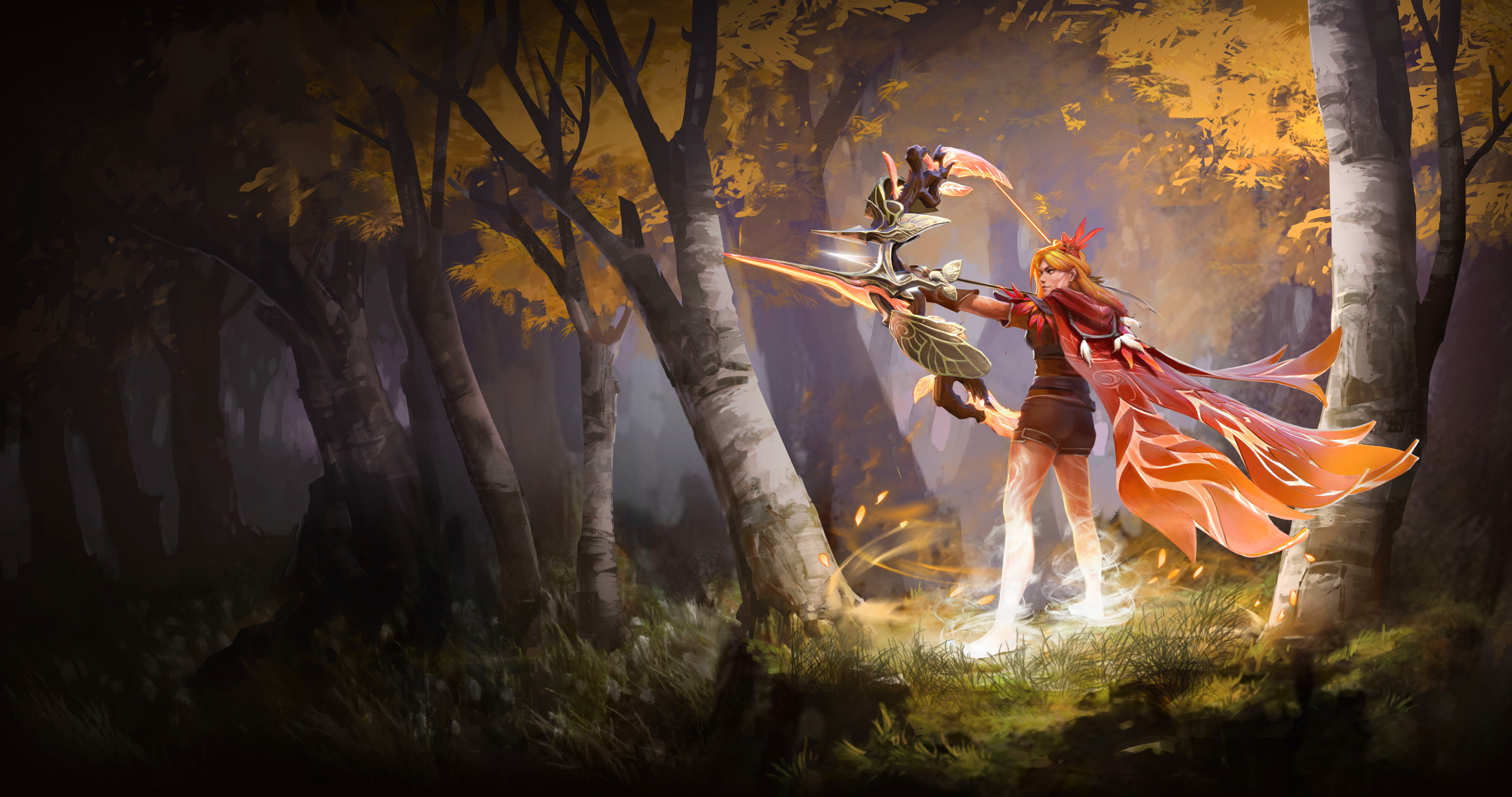 Anime 4096x2160 Dota 2 Windranger trees grass bow and arrow cape video games video game art video game characters