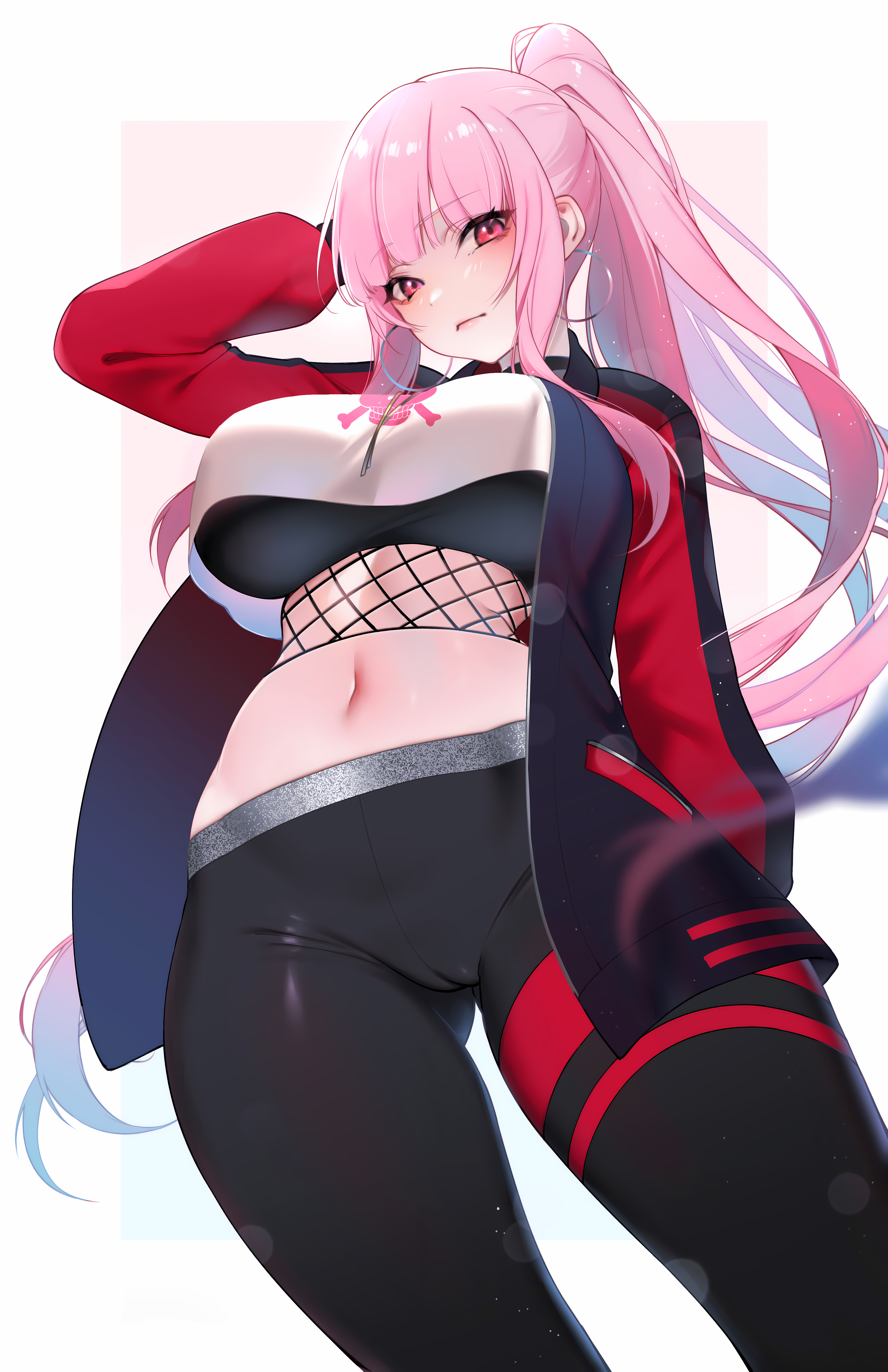 Anime 3850x5950 Hololive anime anime girls Virtual Youtuber Mori Calliope belly pink hair pink eyes earring ponytail