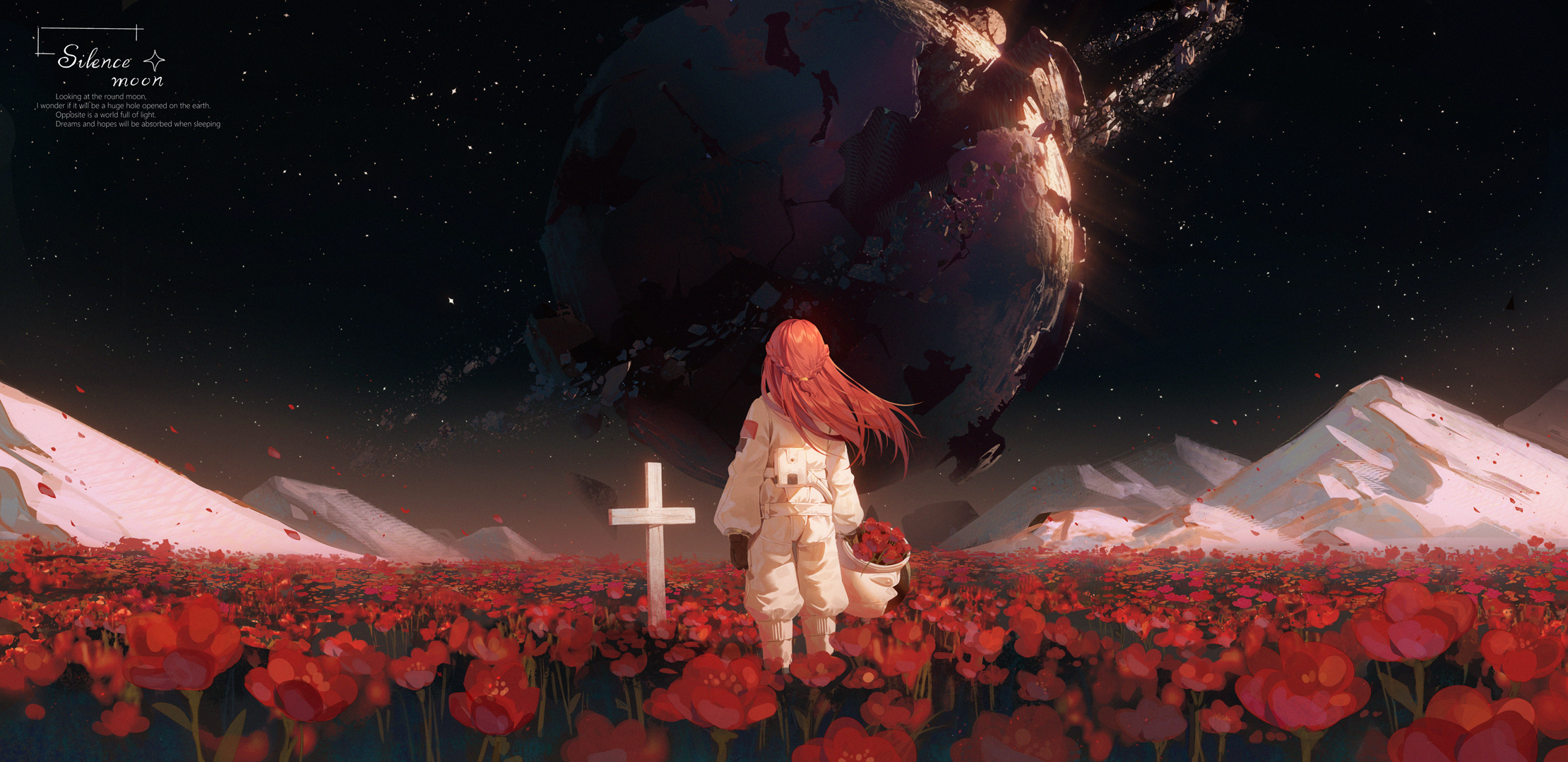 General 2220x1080 stars space astronaut flowers field cross planet redhead braids mountains