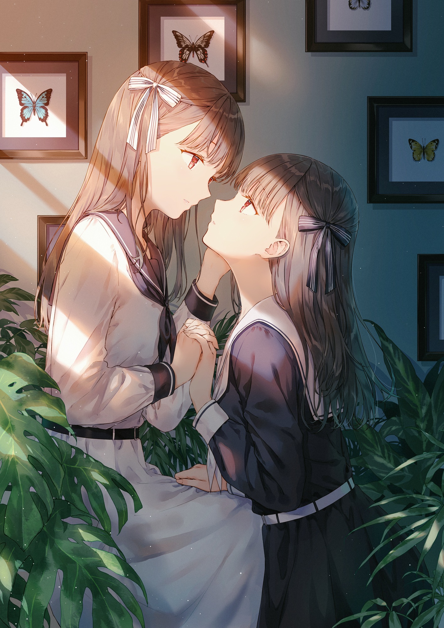 Anime 1414x2000 anime anime girls profile butterfly plants two women dress leaves yuri Hiten portrait display indoors women indoors picture frames long hair face to face hair ribbon neckerchief insect sunlight parted lips schoolgirl school uniform