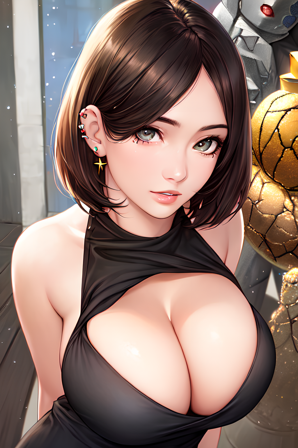 Anime 1024x1536 anime anime girls cleavage big boobs earring brunette Alploo huge breasts AI art