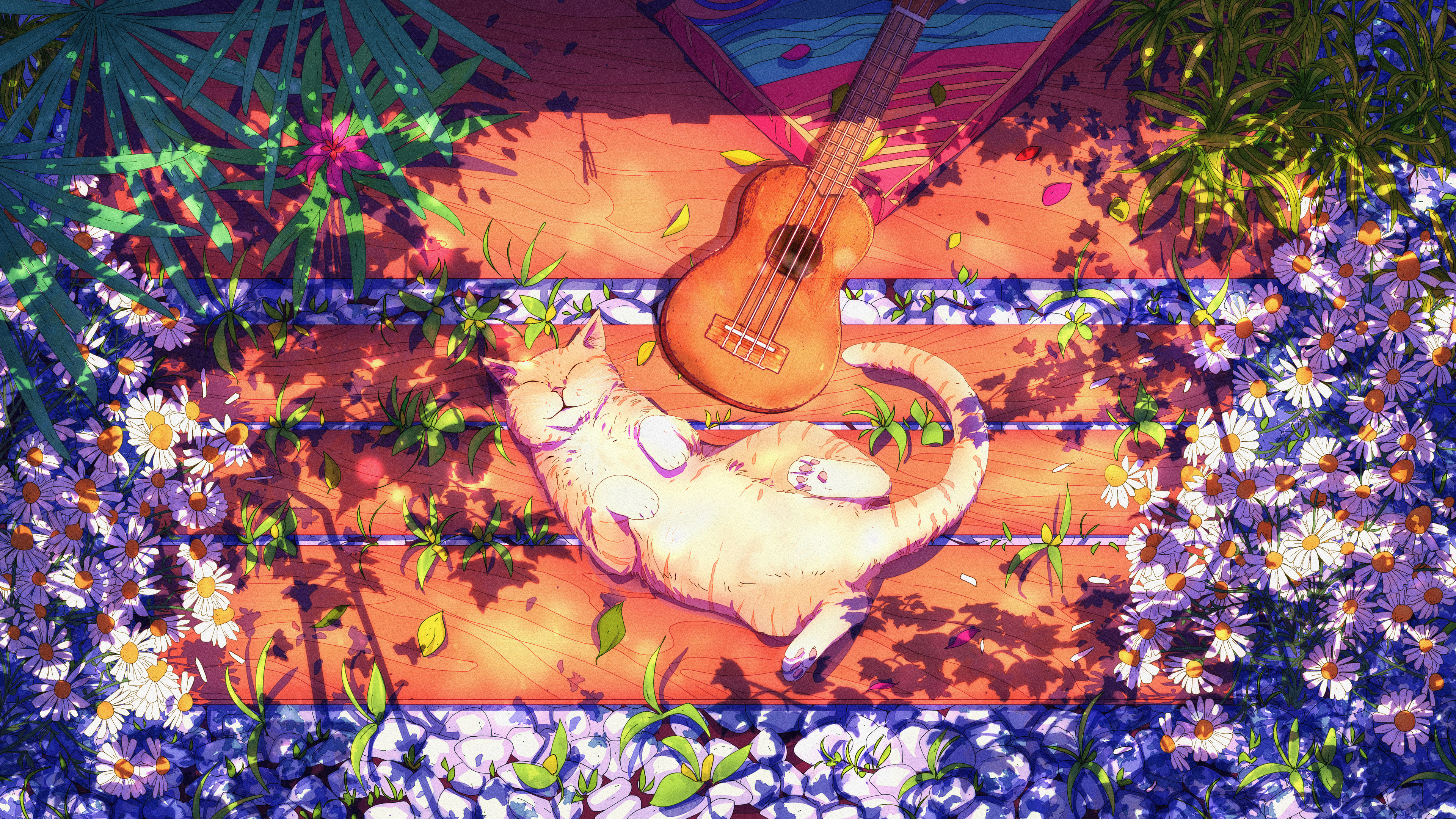 General 3840x2160 Christian Benavides digital art fantasy art cats guitar flowers bench sunlight musical instrument petals animals artwork