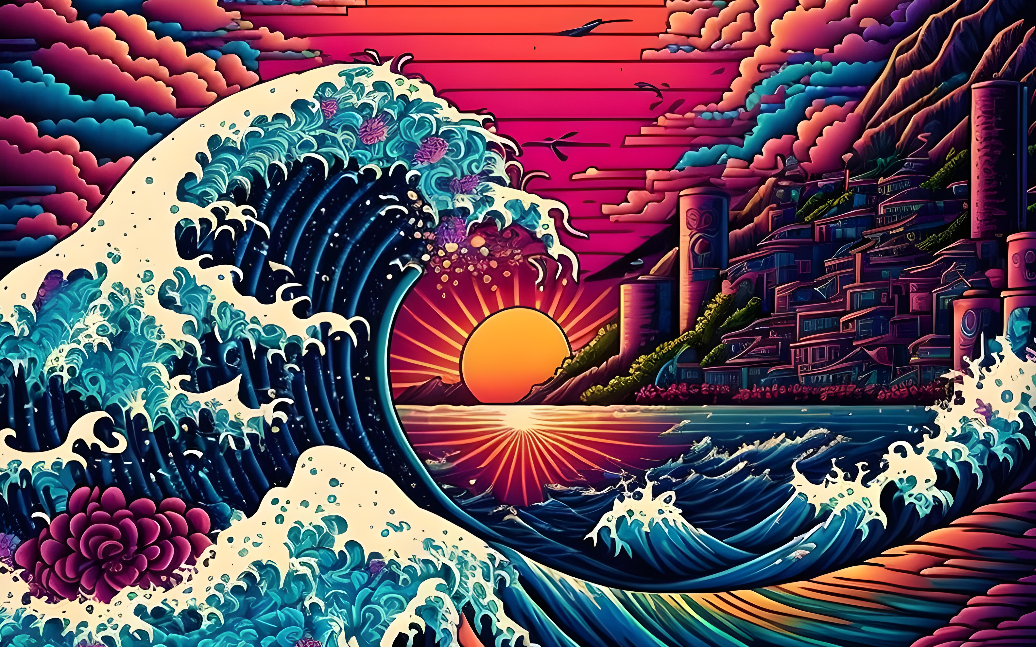 The Great Wave off Kanagawa, artificial intelligence, 4K, waves, sunset, AI  art | 3612x2256 Wallpaper 