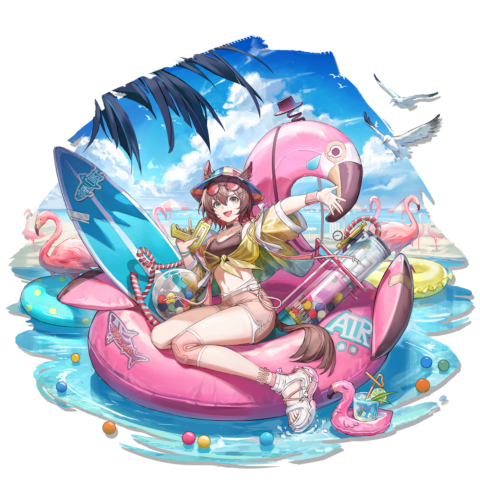 Anime 1576x1576 Arknights flamingo floater transparent background simple background floater Catapult (Arknights) water surfboards beach umbrella looking at viewer sitting beach ball animal ears hair between eyes hat water guns smiling arms reaching sky seagulls flamingos birds open mouth