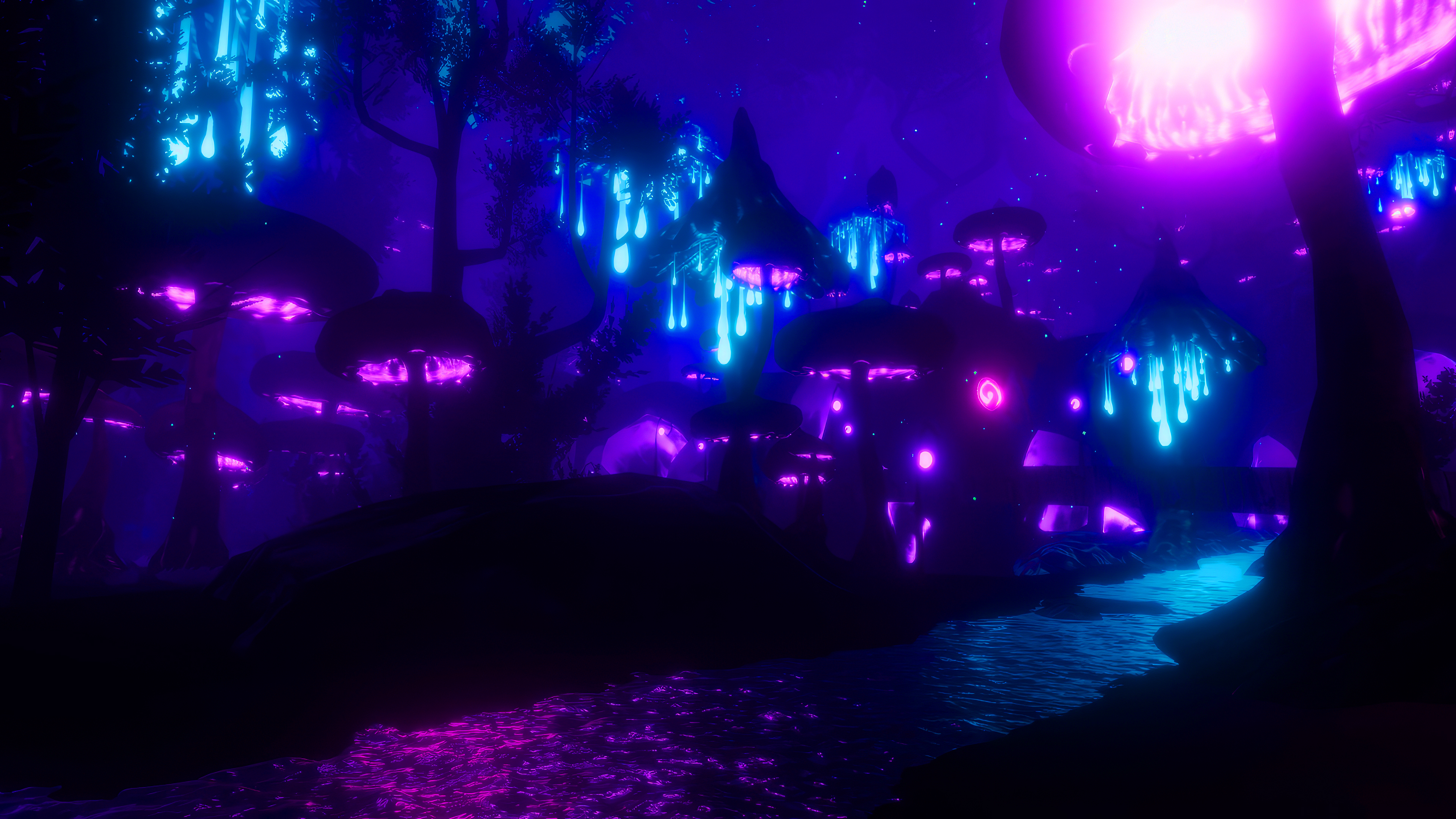 General 3840x2160 mushroom night fantasy art water blue purple neon bright turquoise sea video game art
