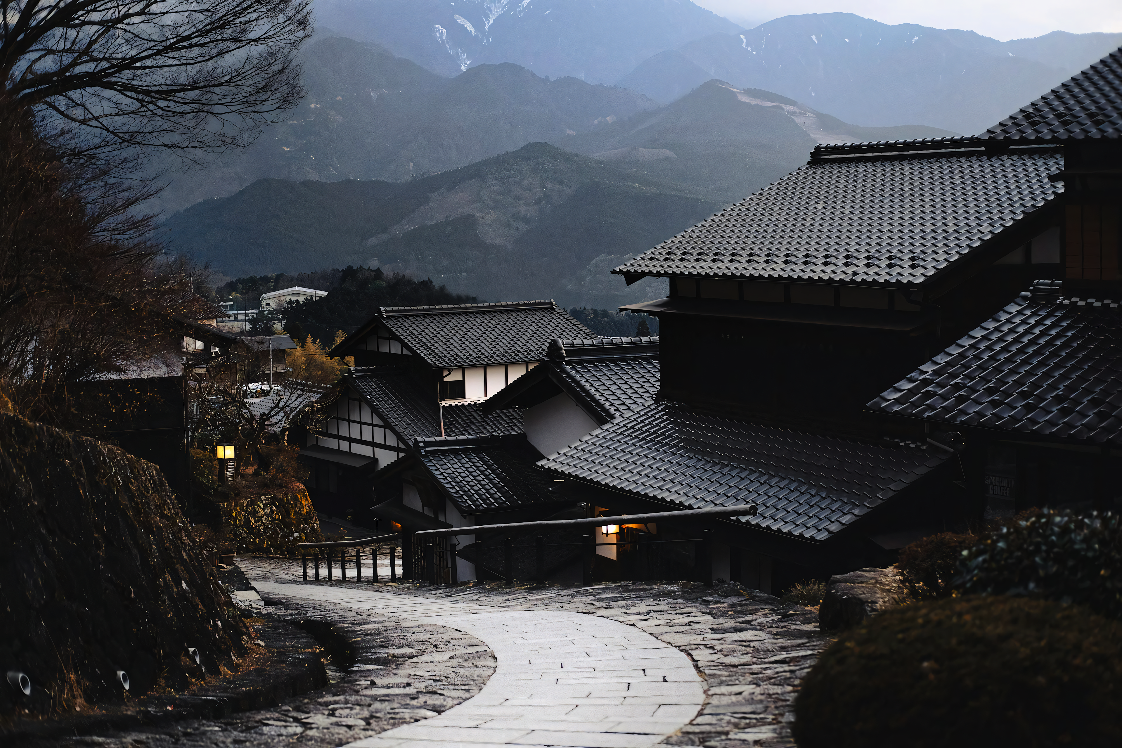 General 3840x2560 Japan architecture house building mountains hills bushes sidewalks