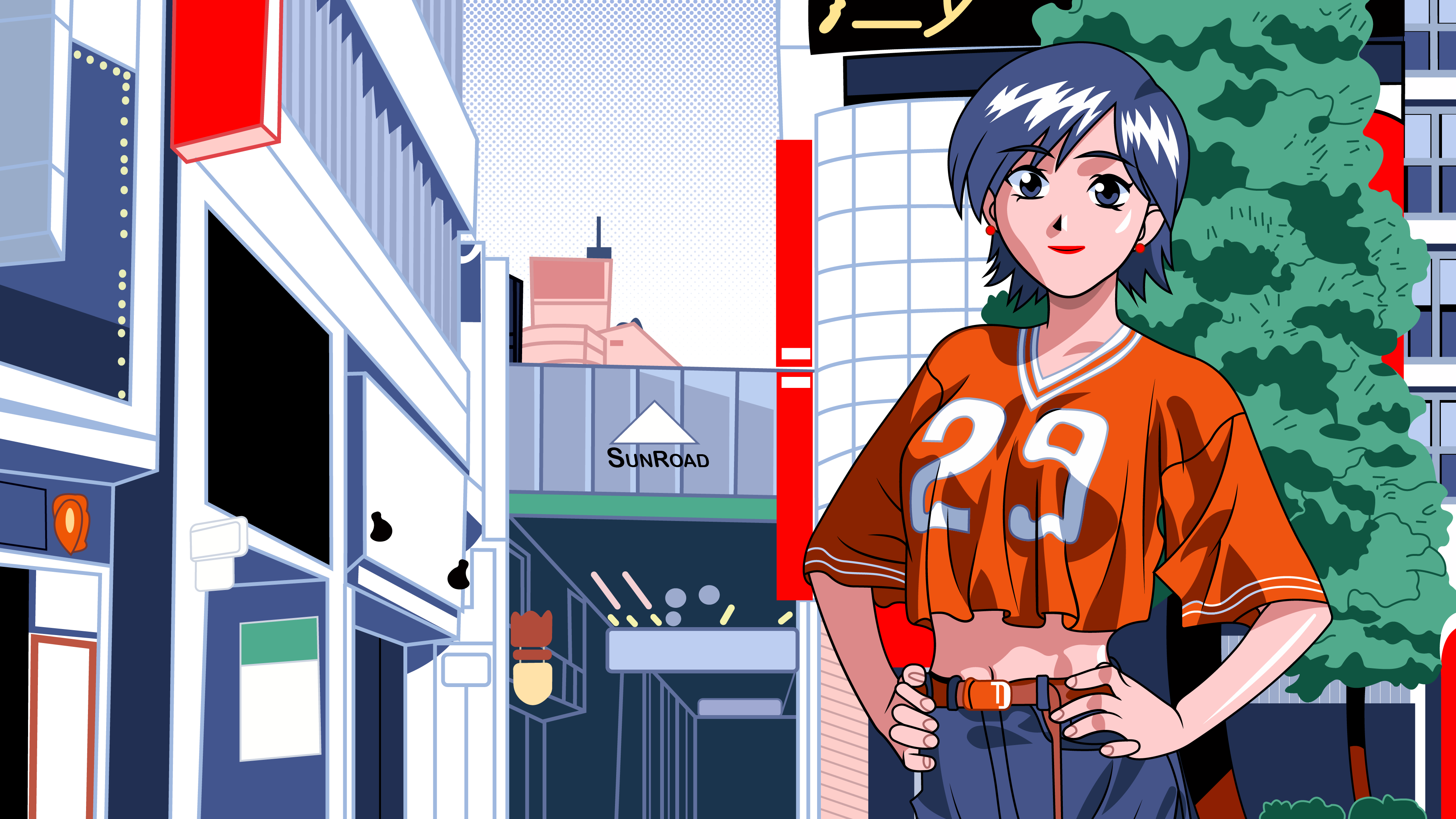 Anime 3840x2160 blue hair blue eyes 4K hands on hips crop top belt bare midriff anime girls video game characters video game girls closed mouth lipstick simple background minimalism vector vector trace looking at viewer belly button earring short hair smiling orange tops standing city