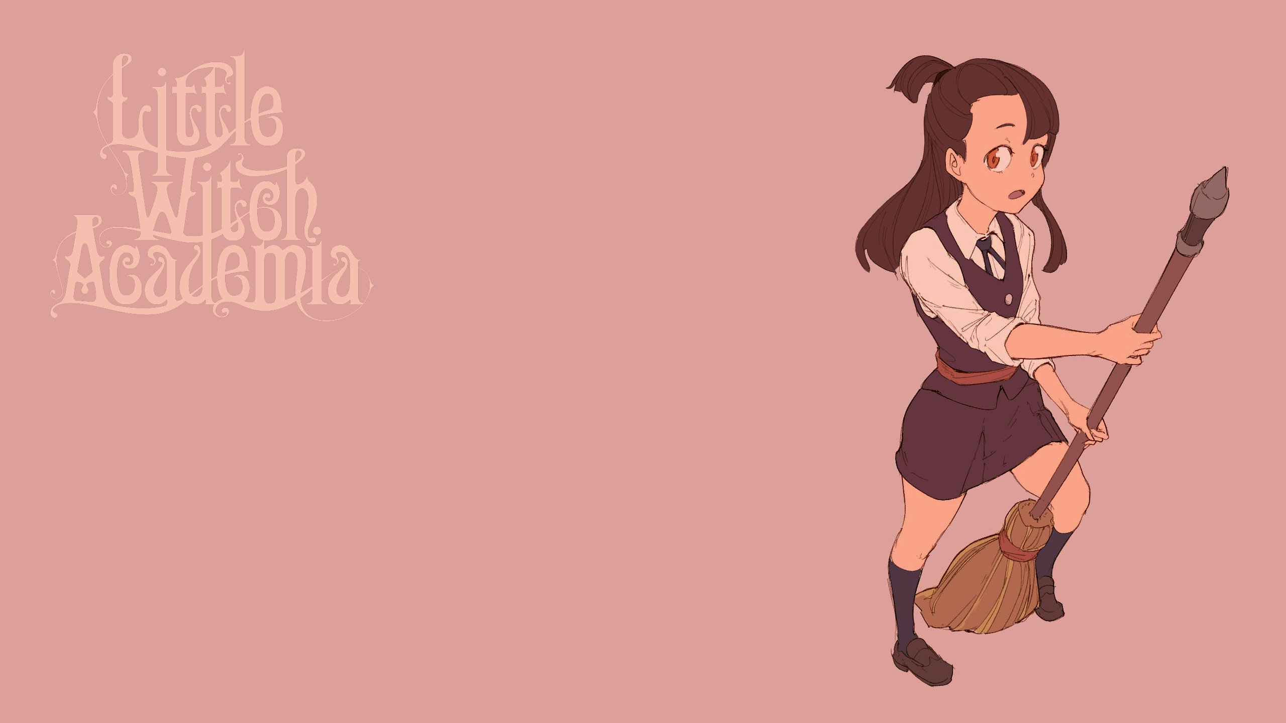 Anime 2560x1440 anime girls pink background simple background skirt ponytail Kagari Atsuko Little Witch Academia shoes broom witch's broom Luna Nova uniform school uniform schoolgirl brunette rolled sleeves white shirt bow tie ribbon vest socks brown eyes long hair