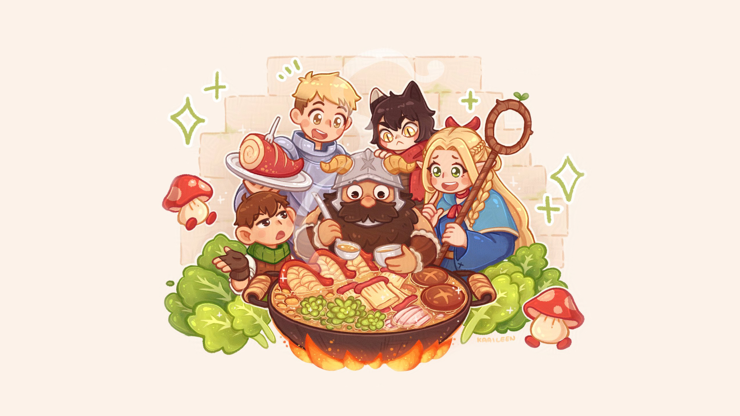Anime 2560x1440 Delicious in Dungeon Chilchuck Tims Laios Thorden Marcille Donato Senshi (Delicious in Dungeon) Izutsumi (Delicious in Dungeon) beard dwarf Hobbits elves ribbon staff cat girl ninjas yellow eyes cat ears bangs braids robes scarf horns helmet blonde short hair long hair mushroom brunette food cooking pans (tool) lettuce bread meat peas drool soup vegetables spoon gloves fingerless gloves green eyes cat eyes brown eyes moustache armor anime anime boys anime girls fork choker pointy ears plates