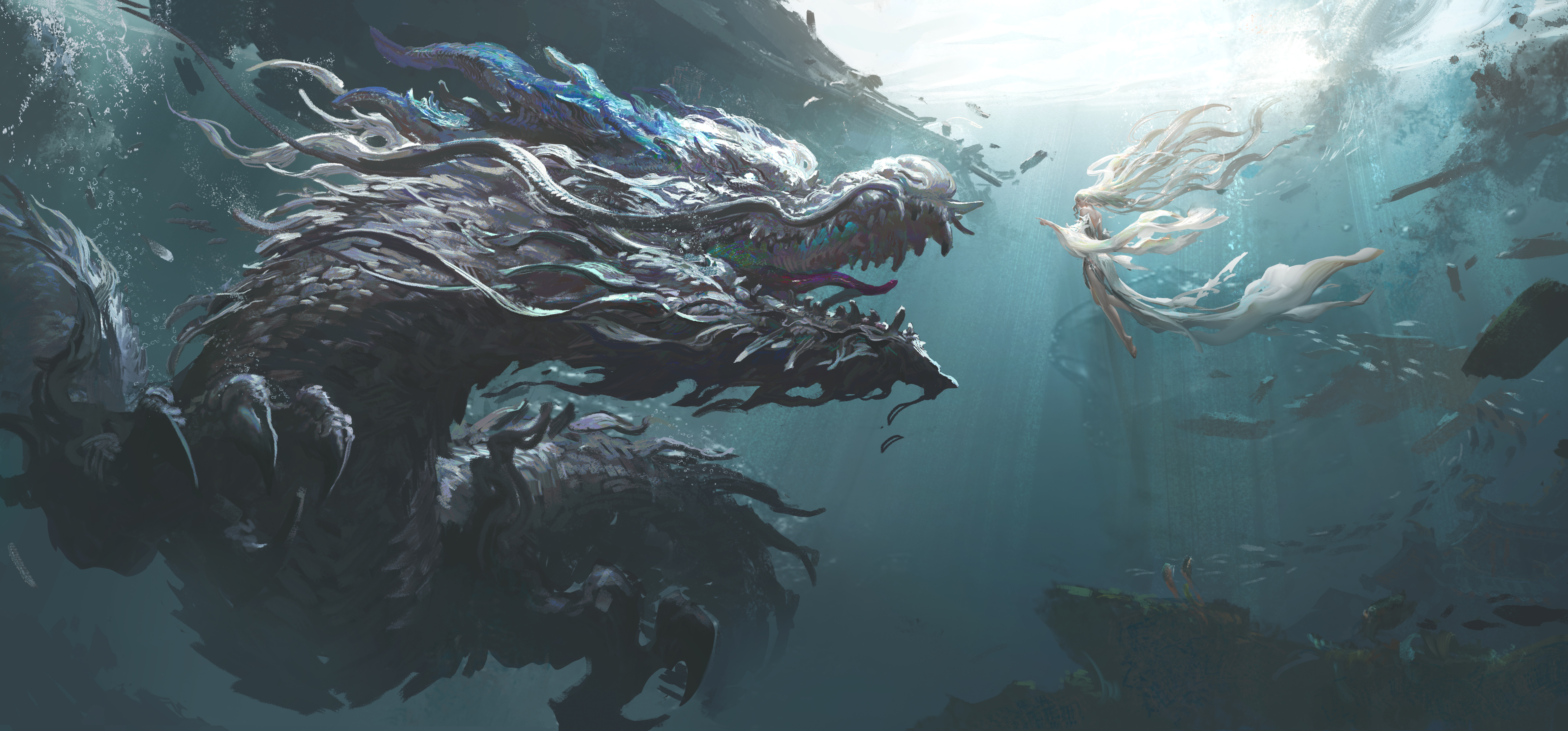 Anime 6222x2901 LEO (Artist) underwater face to face long hair finger pointing water dragon white dress bare shoulders dress barefoot chinese dress white hair foot sole