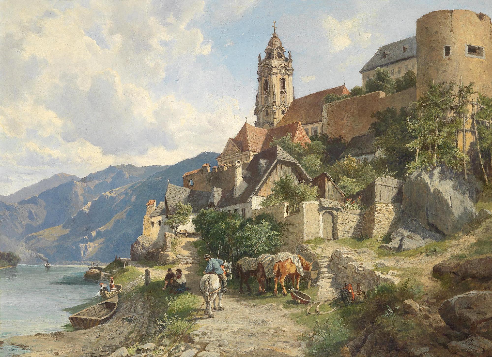 General 2000x1453 Leopold Munsch landscape city medieval church lake mountains horse boat painting Austria castle