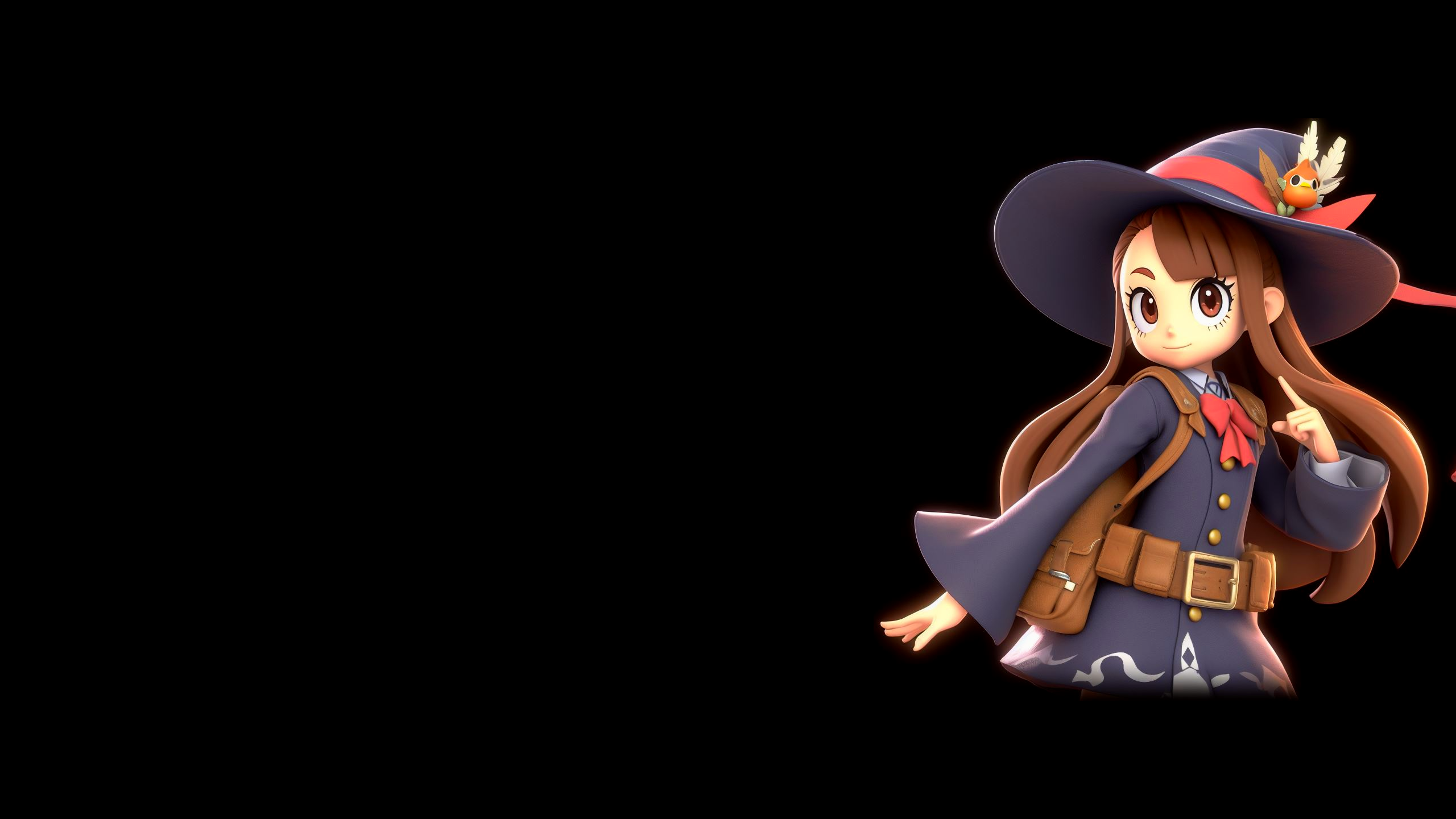 Anime 2560x1440 simple background black background anime girls long hair Little Witch Academia Luna Nova uniform wide sleeves witch hat witch belt CGI ribbon red ribbon bangs wide-brimmed hat brown eyes brunette birds