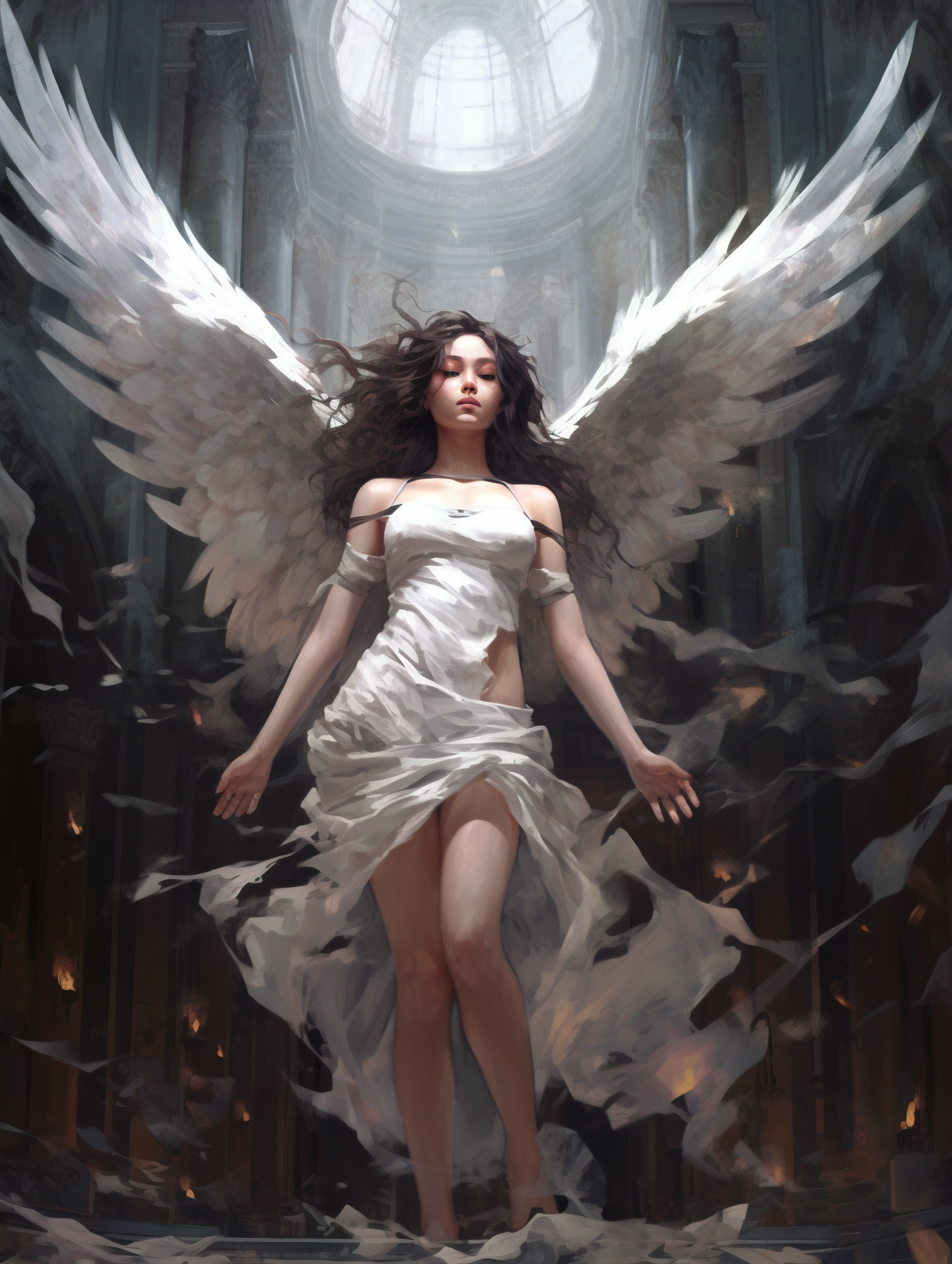 General 1856x2464 wings white dress black hair angel bare shoulders AI art dress looking at viewer long hair angel wings portrait display indoors