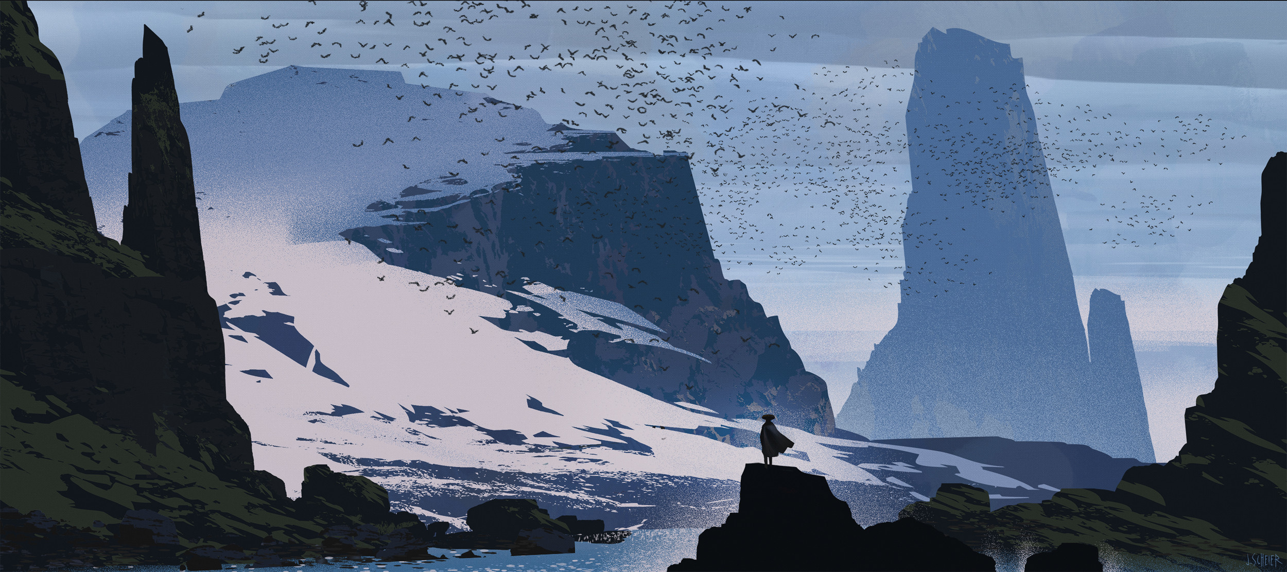 General 2500x1111 Jason Scheier digital art artwork illustration landscape nature mountains birds animals snow water