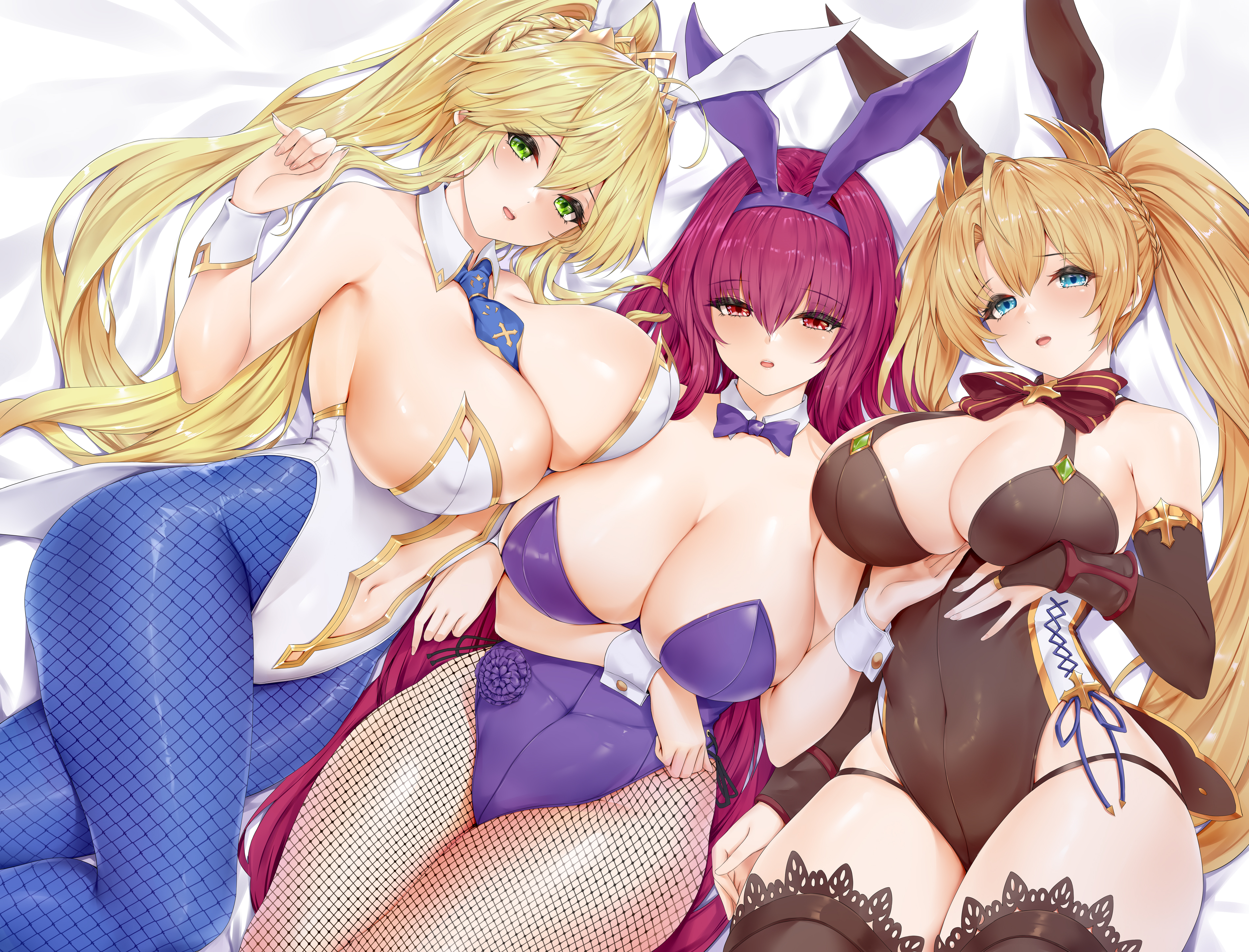 Anime 3798x2894 anime girls animal ears bunny ears long hair blonde redhead cleavage twintails red eyes blue eyes stockings fishnet big boobs headband green eyes Artoria Pendragon Bradamante (Fate) Scathach line-up group of women leotard women trio boobs lined up boobs on boobs curvy looking at viewer thighs bunny suit bow tie ponytail lying on back belly button lying down pantyhose huge breasts