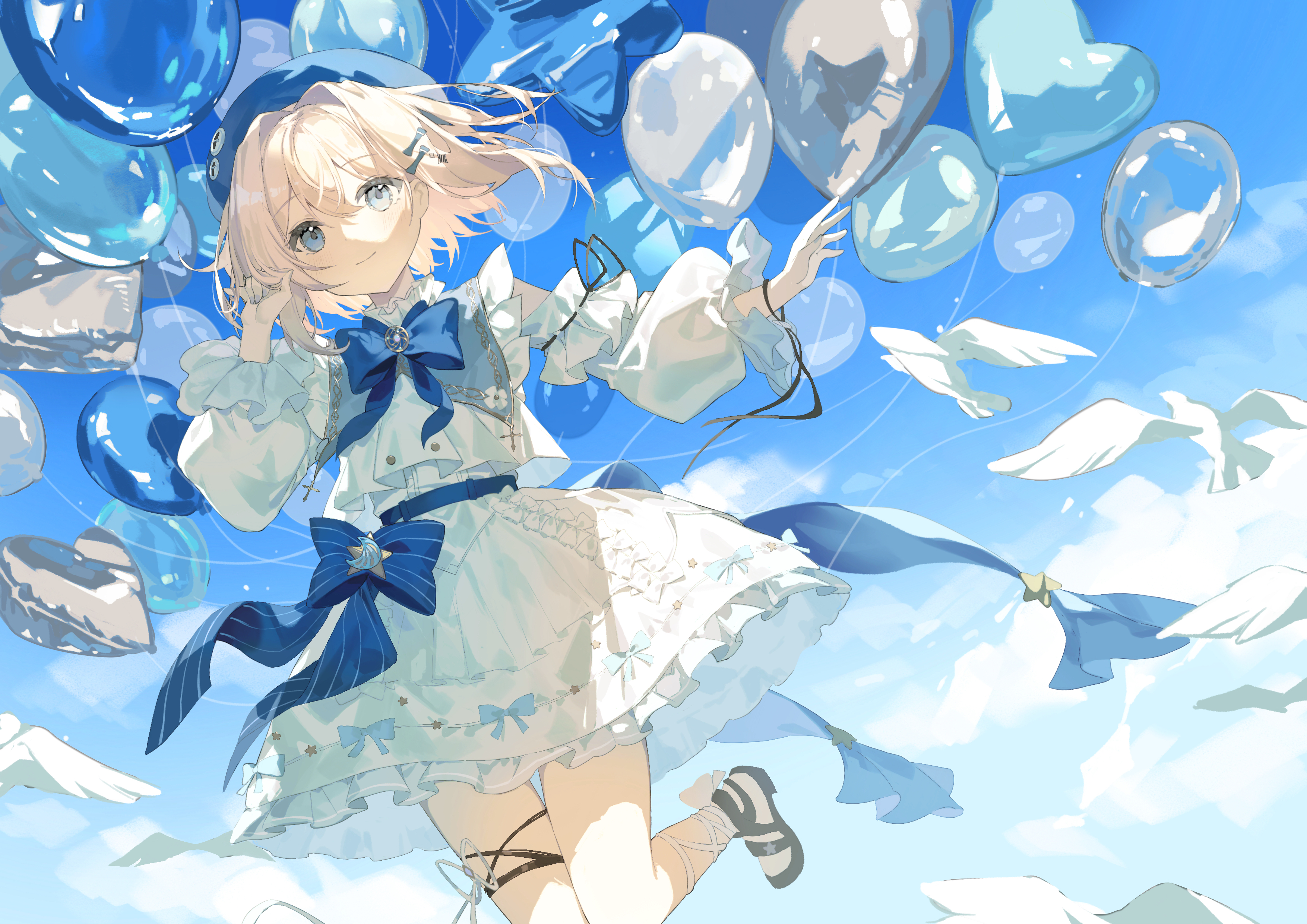 Anime 3508x2480 anime anime girls bow tie balloon short hair birds looking at viewer dress smiling clouds sky