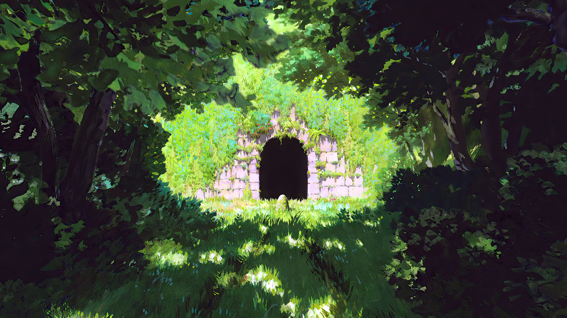 Anime 1920x1080 Spirited Away animated movies anime animation film stills Studio Ghibli Hayao Miyazaki tunnel trees forest path grass