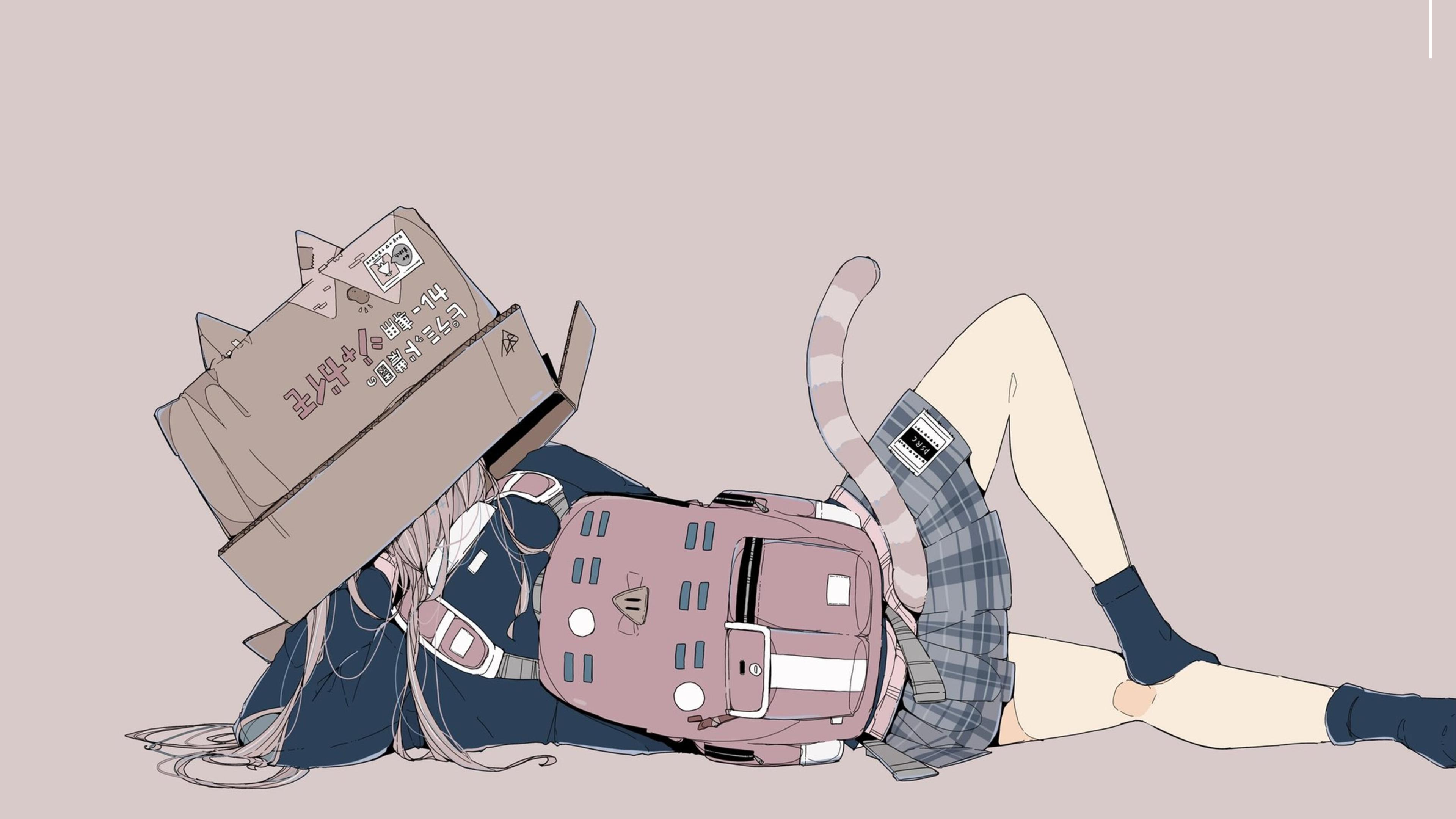 Anime 3840x2160 daisukerichard anime girls original characters minimalism backpacks simple background lying on side cat girl cat ears cat tail