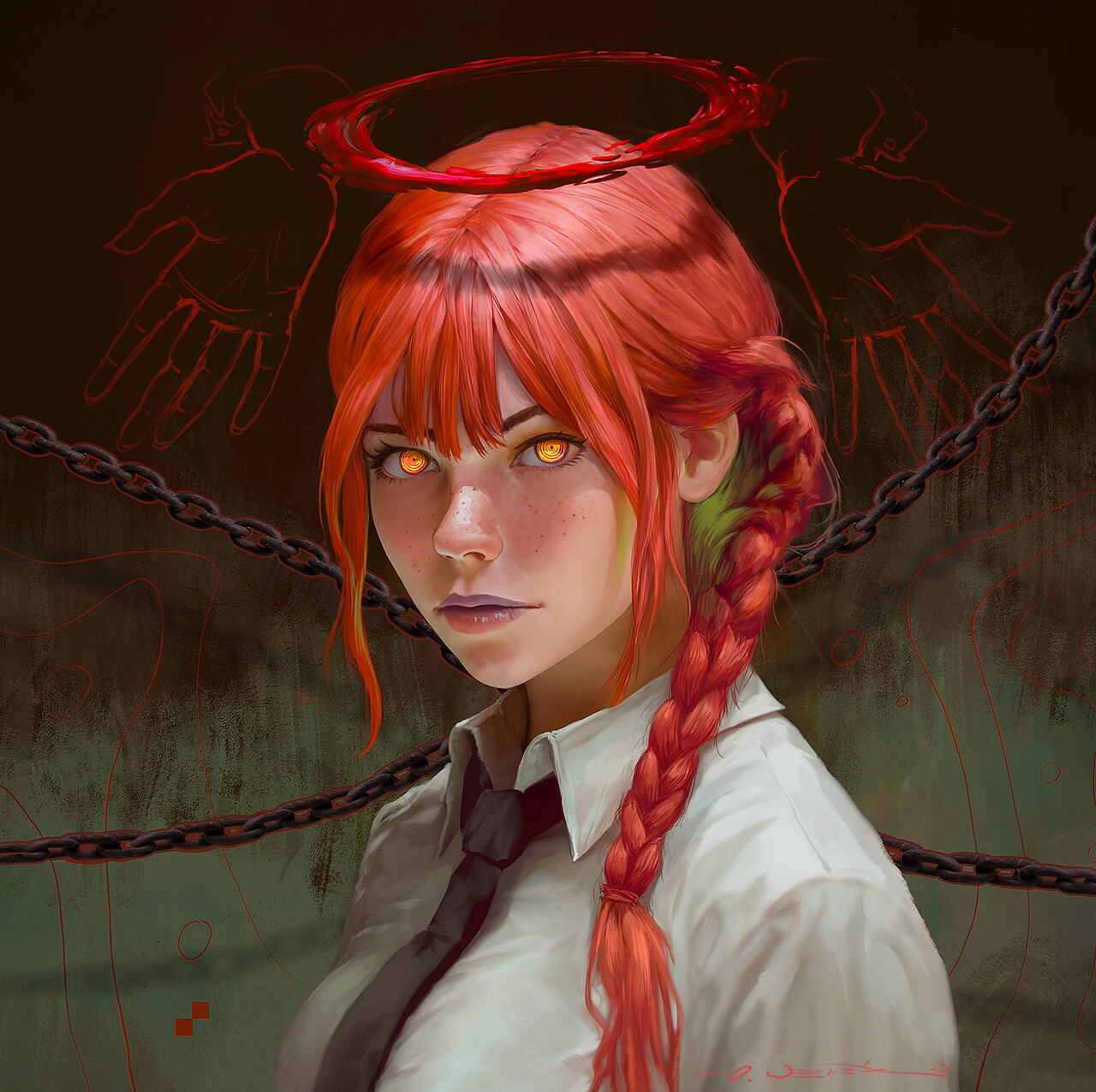 General 1280x1276 Oliver Wetter digital art artwork illustration women redhead Makima (Chainsaw Man) Chainsaw Man long hair drawing yellow eyes braids chains anime girls halo looking at viewer