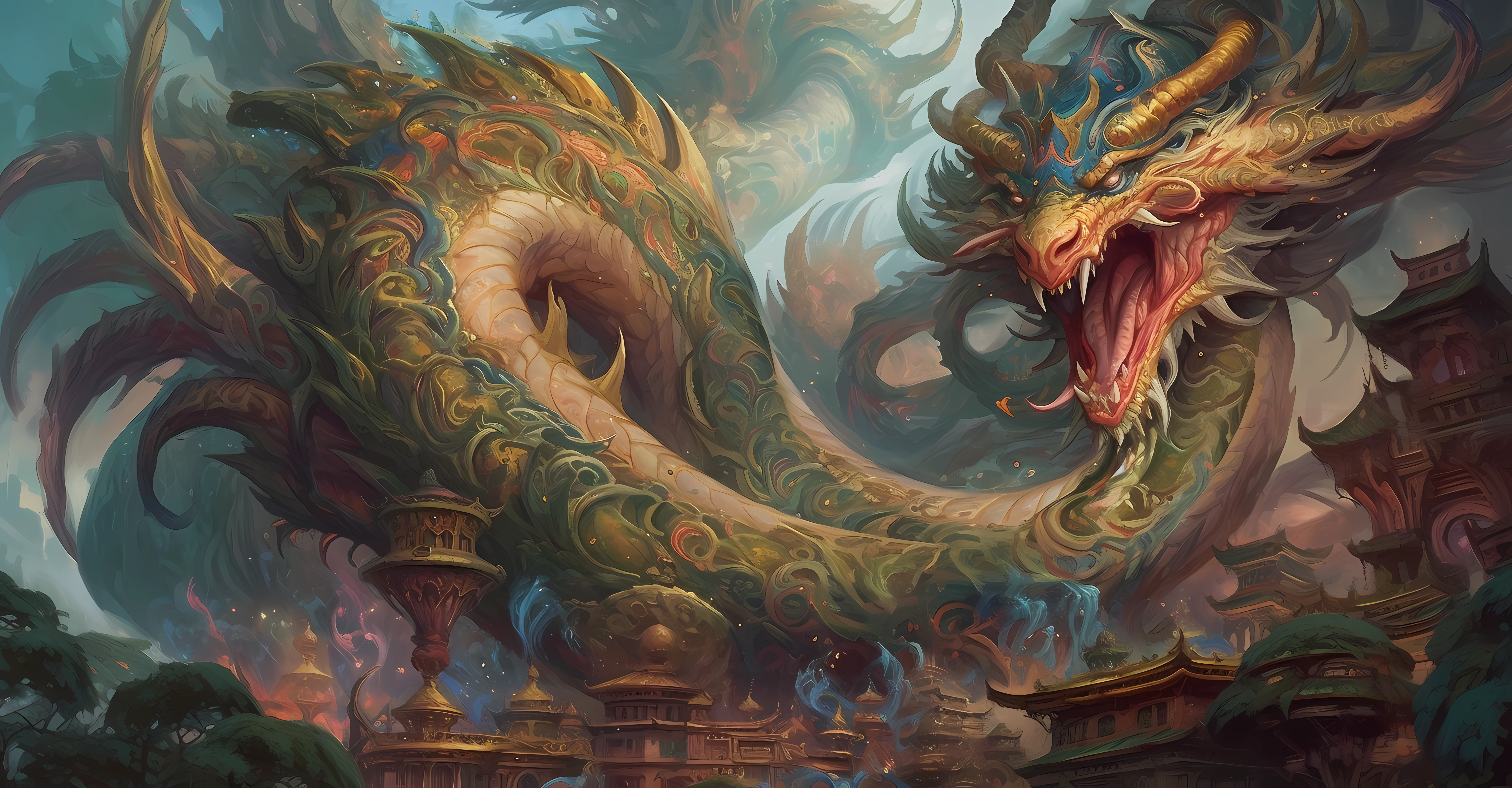 Anime 6016x3136 dragon frescoes Chinese architecture AI art creature fantasy art Chinese dragon