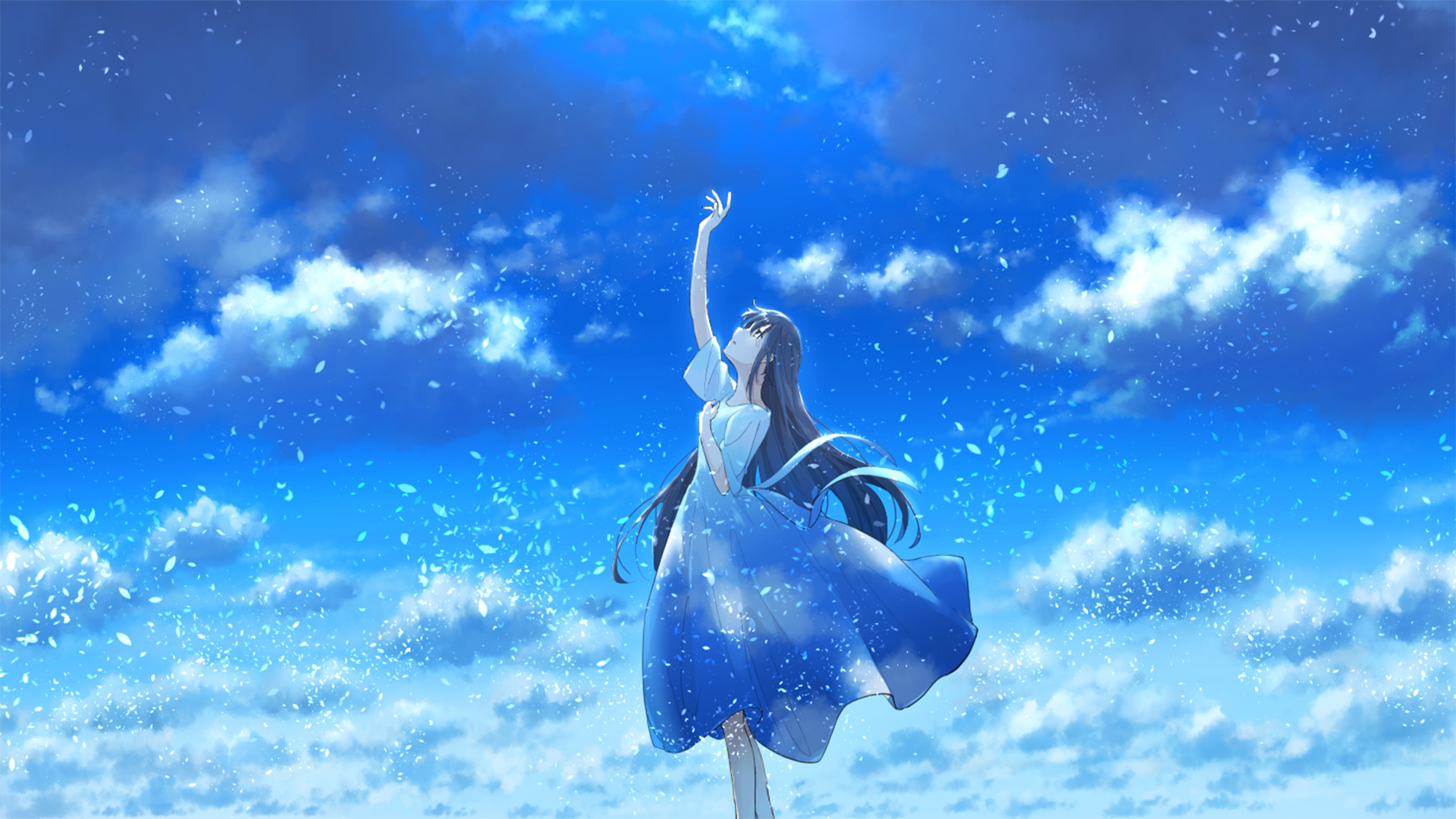 Anime 1920x1080 sky anime long hair dark hair dress clouds looking up profile petals one arm up windy anime girls